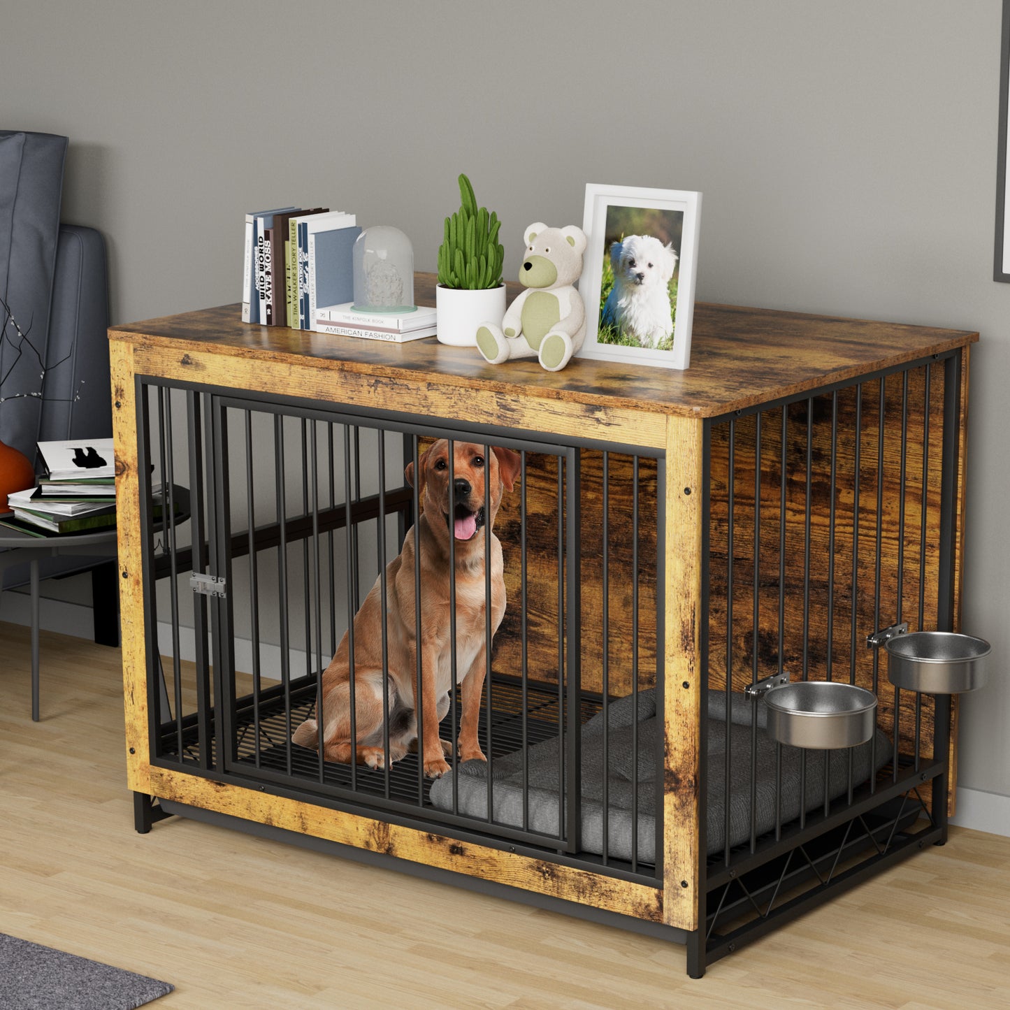 pirecart 39/44 inch Furniture Style Dog Crate with 2 Bowls, Large Wooden End Table Dog House