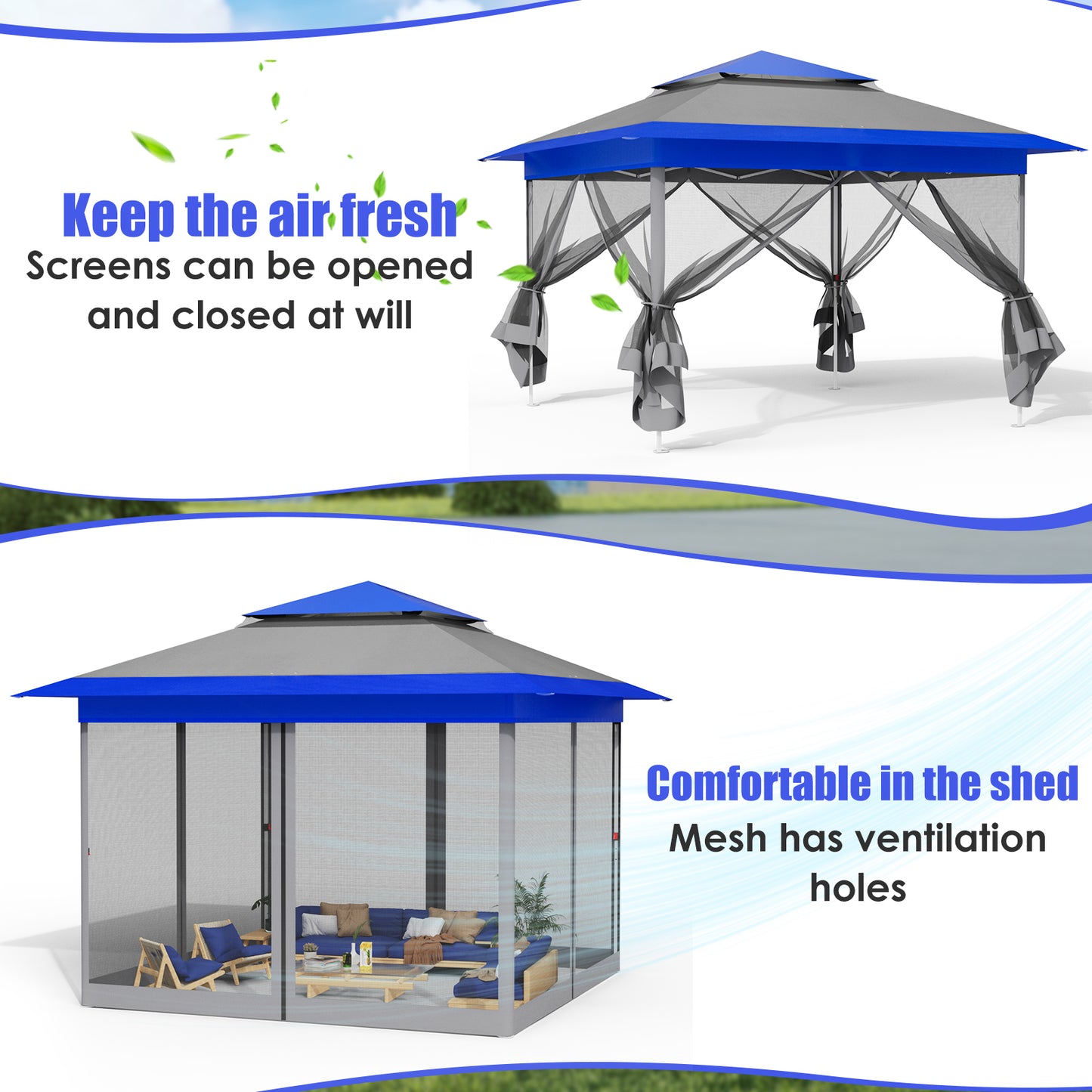 pirecart 11x11 / 13x13 ft Pop Up Gazebo, Outdoor Instant Canopy Tent w/4 Netting Sidewall & Auto Extending Eave, Patio Gazebos Shelter