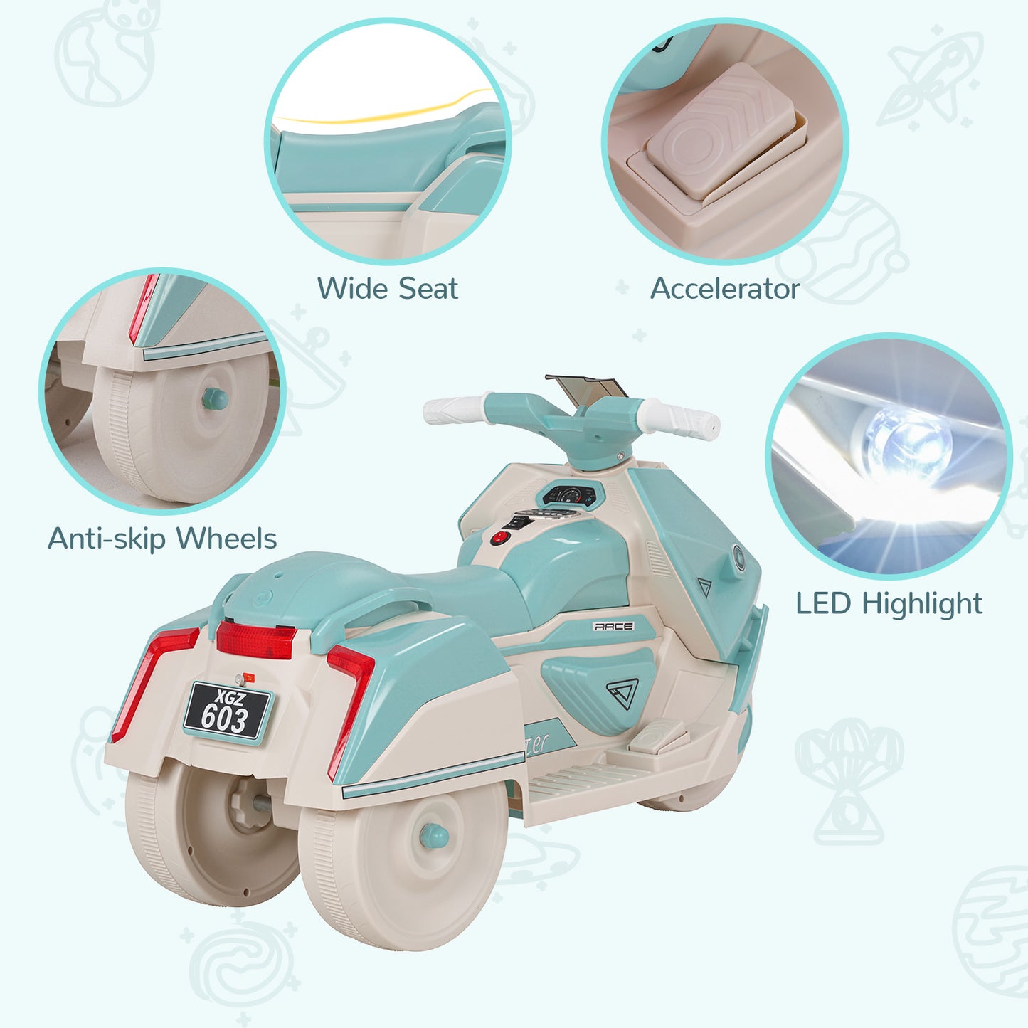 Pirecart Kids Electric Motorcycle, 6V Toddler Motorcycle with Realistic Sounds, LED Light, Children Ride on Toy with MP3/USB, Non-Slip Tires, Gift for Age 3+