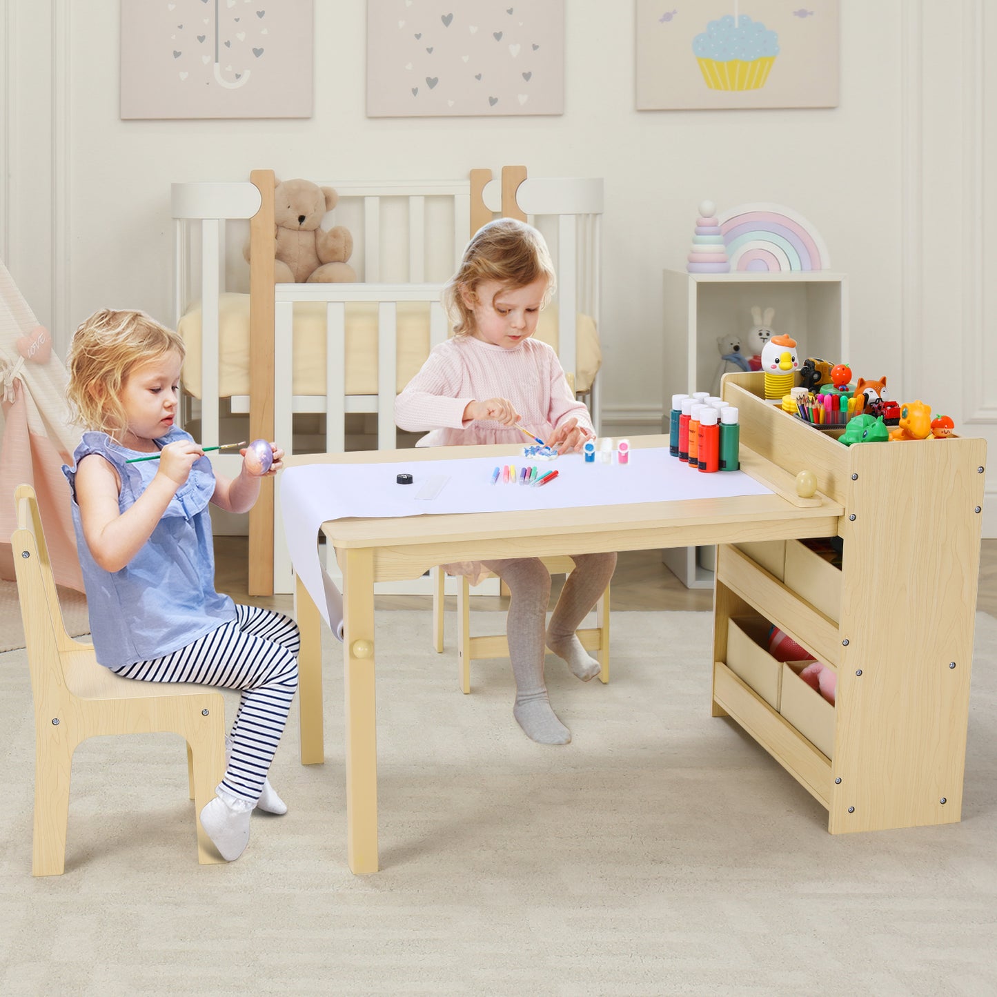 pirecart Kids Art Table and 2 Chairs, Wooden Drawing Desk with 4 Storage Bins