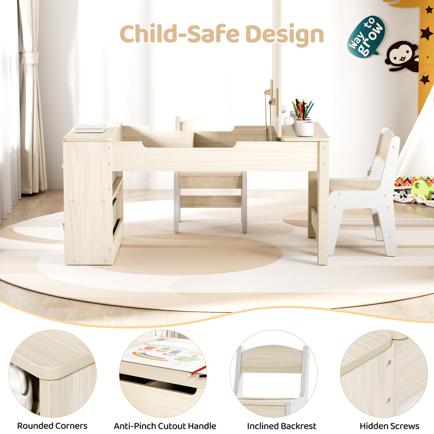 Pirecart 3 in 1 Kids Art Table and Chair Set, Chilldren Art Easel and Wooden Activity Table with 2 Chairs, Storage Bins, Paper Roll, Paint Cups for Draw, Play, Crafts, Read