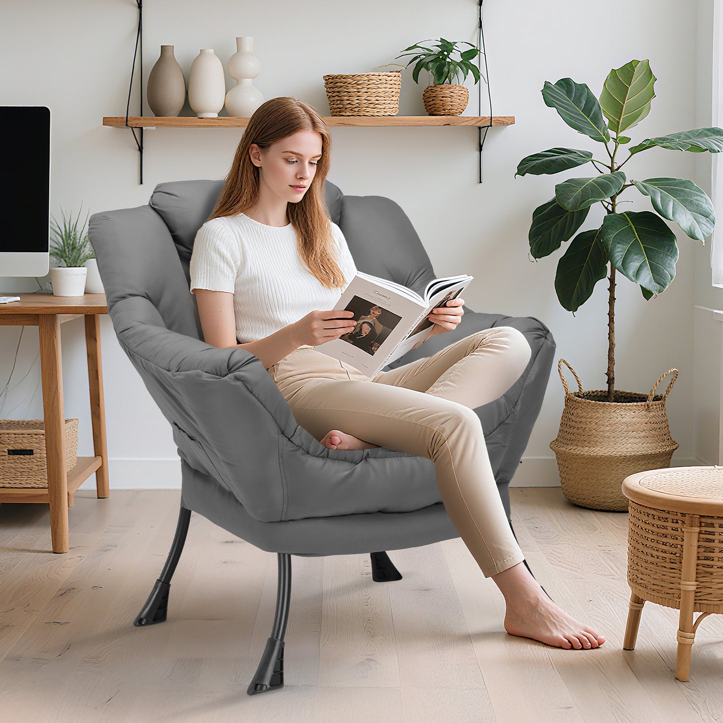 Pirecart Lazy Chair Large Accent Chair, Modern Reading Chair with Side Pocket, Comfy Living Room Chair, Lounge chair for Bedroom, Dorm