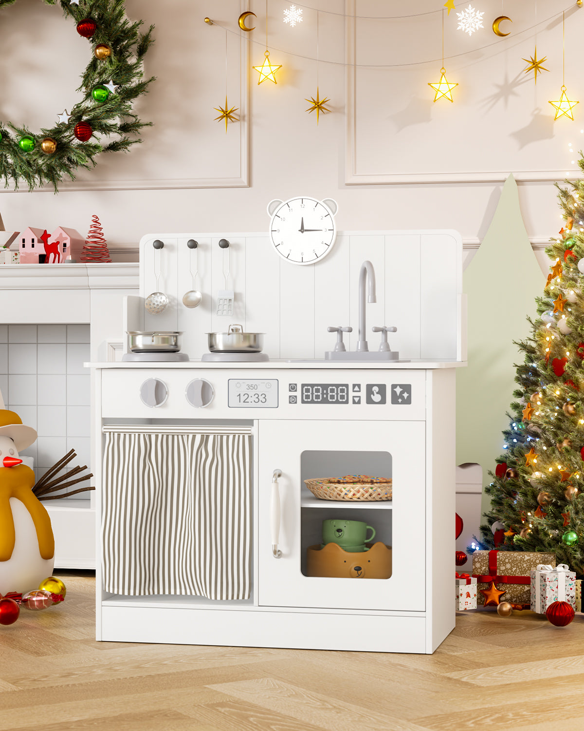 Pirecart Kids Play Kitchen with Ample Storage and Cooking Accessories, Toddler Kitchen Playset with Simulated Gas Tray, Clicking Knobs, Sink, Faucet