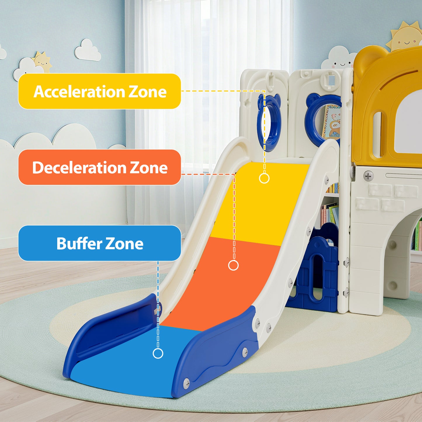 Pirecart 10-in-1 Kids Slide, Indoor Outdoor Toddler Slide Playground with Drawing Board, Basketball Hoop, Tunnel & Storage for Playroom, Kindergarten, Backyard, Gift for Children Age 3+