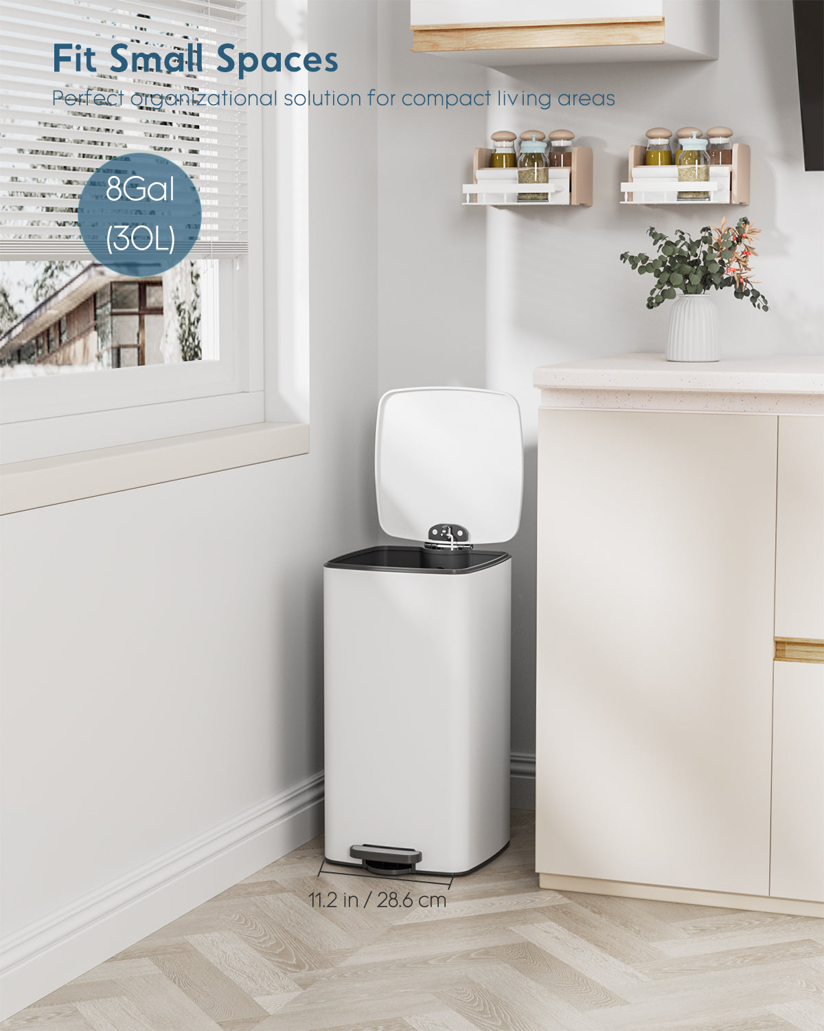 Pirecart 8 gal Trash Can, Stainless Steel Square Garbage Can with Soft-Close Lid & Removable Bucket, Fingerprint-Proof Step Garbage Bin for Kitchen, Living Room