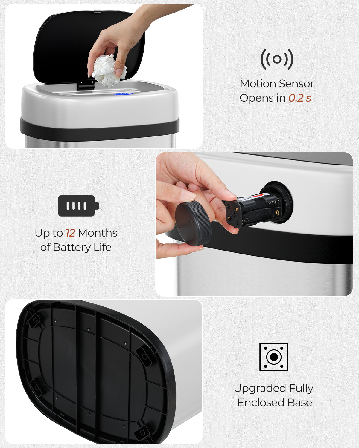 Pirecart Motion Sensor Trash Can, Stainless Steel Automatic Garbage Can with Soft-Close Lid, for Kitchen/Living Room/Office, Silver, Black, White