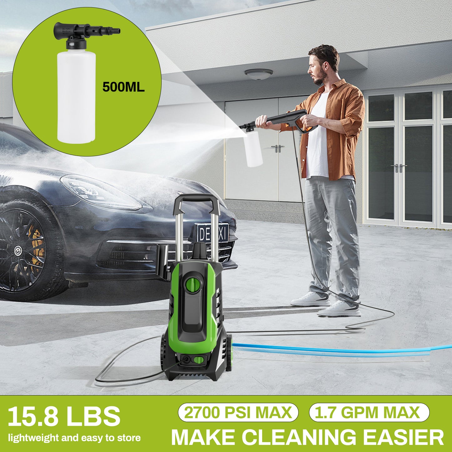 Pirecart Electric Pressure Washer 2700 PSI 1.7 GPM Power Washer with 4 Quick Connect Nozzles, Foam Cannon