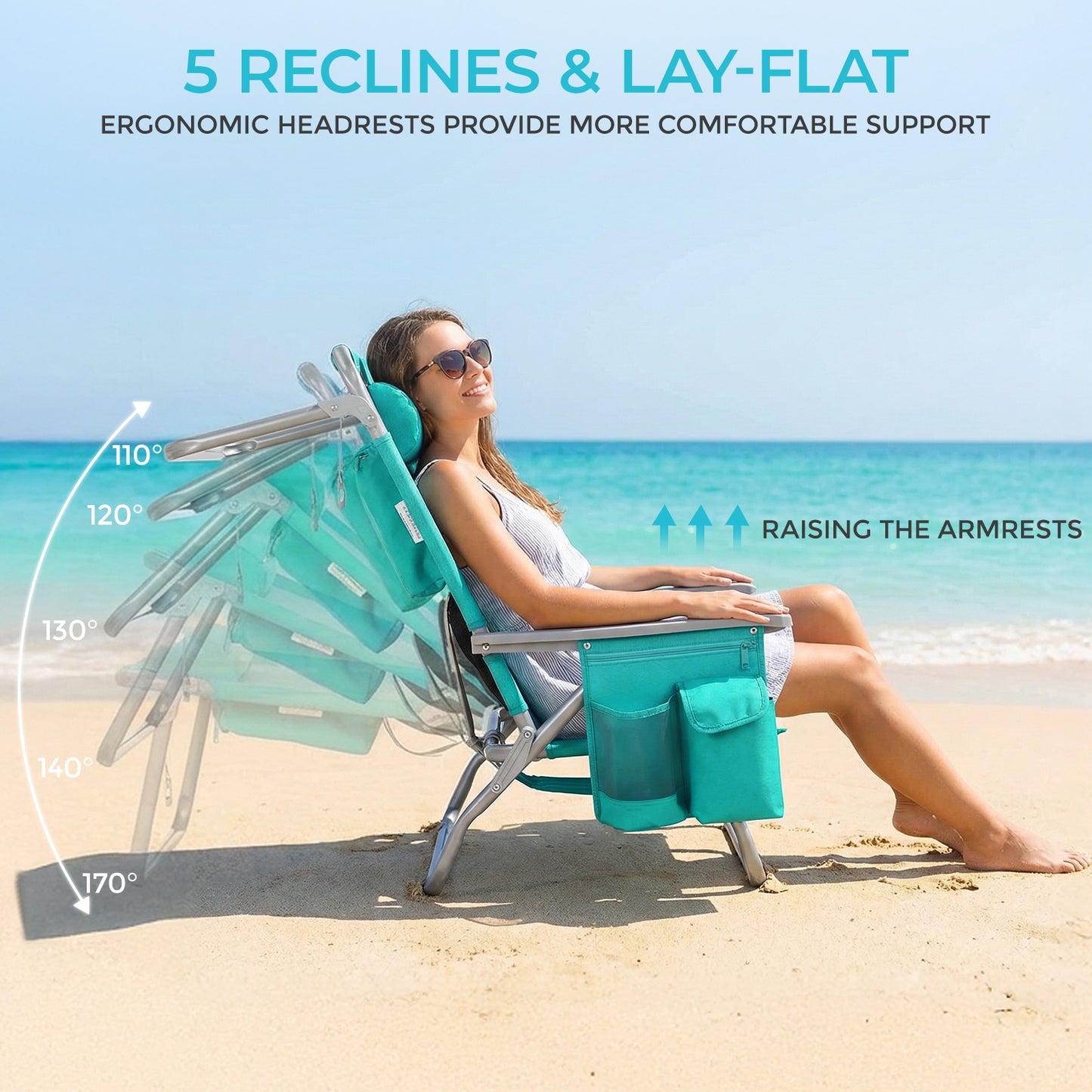 Foldable Beach Chair, 5-Position Lay Flat Reclining Beach Chair W/ Headrest, Storage Bag, Cooler Pouch,Towel Bar, Foot Mat