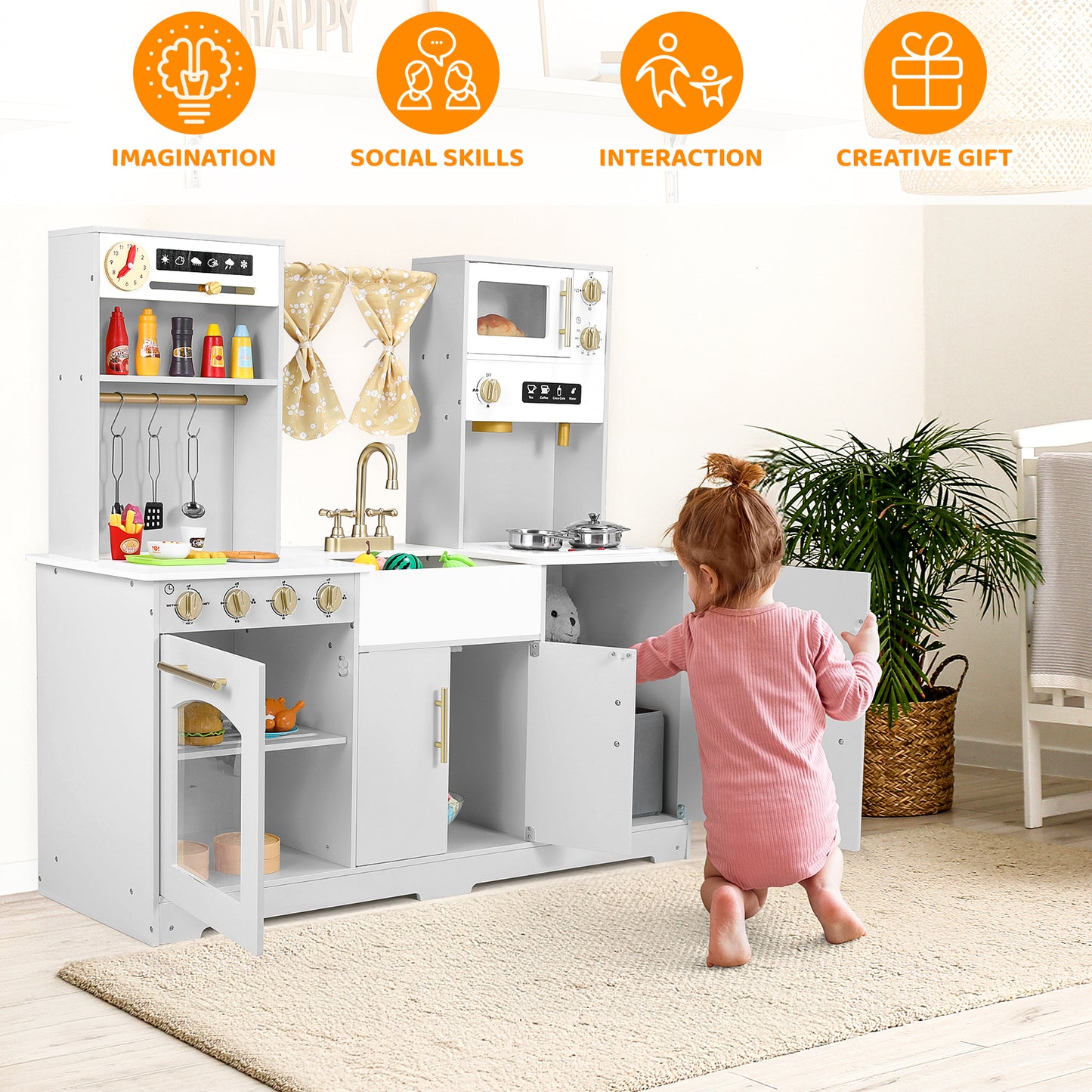 pirecart Kids Play Kitchen, Wooden Pretend Toy Kitchen, Toodler Cooking Playset w/Stove, Sink, Microwave, Water Dispenser, Curtain