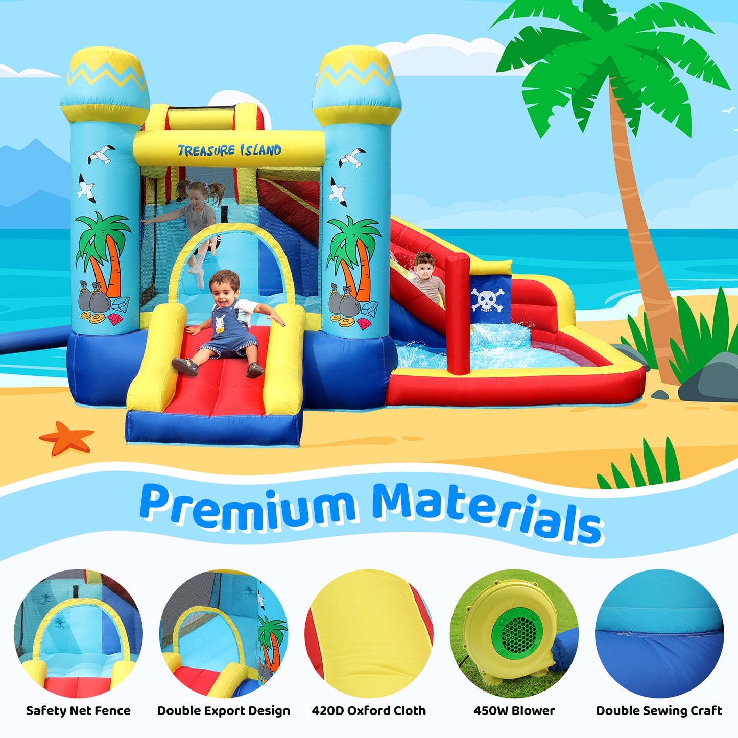 pirecart Inflatable Bounce House Kid Water Splash Pool Slide Jumping Castle with Blower