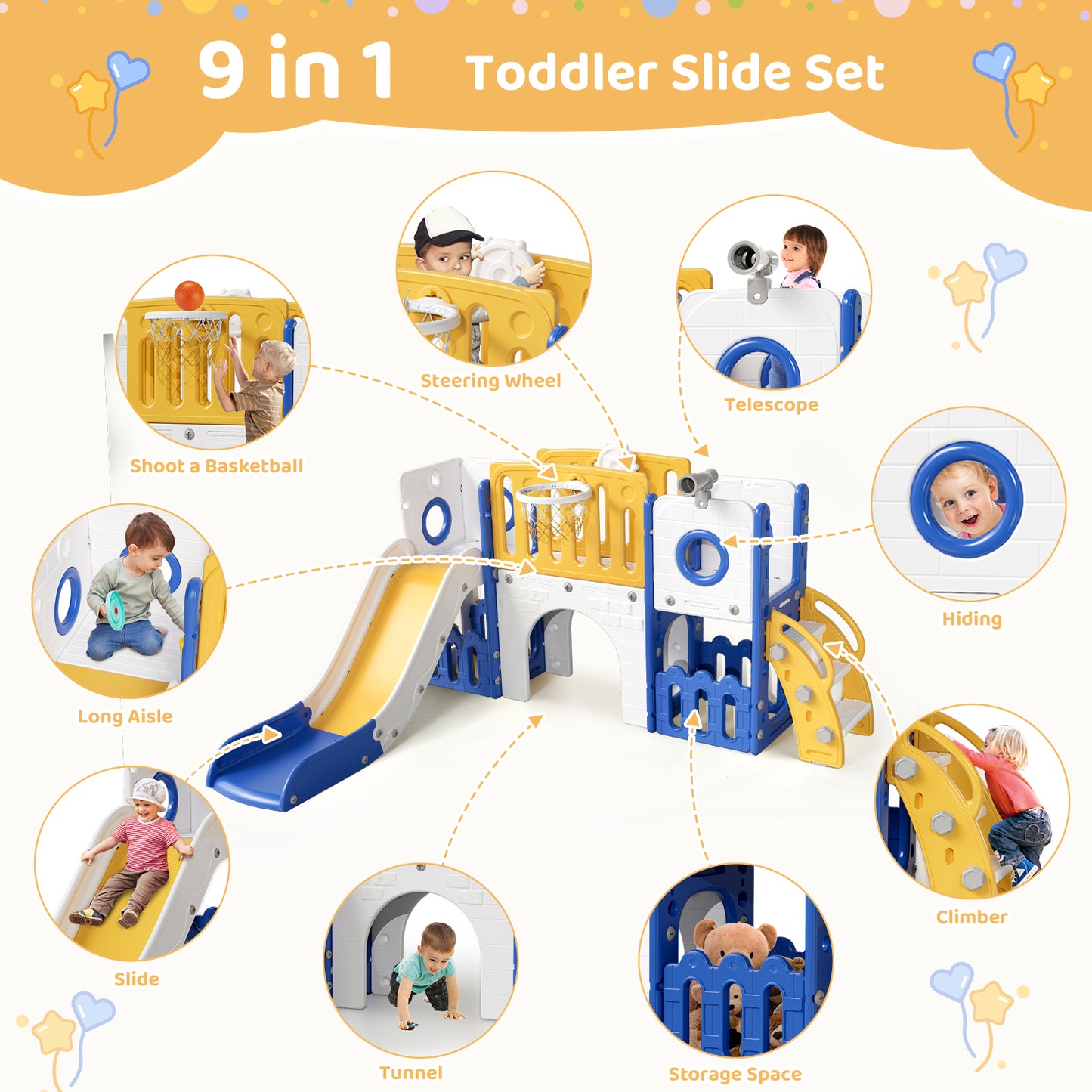 Pirecart Large Toddler Slide, Indoor Outdoor Kids Climber Playset with Basketball Hoop, Storage Space, Tunnel for Boys and Girls