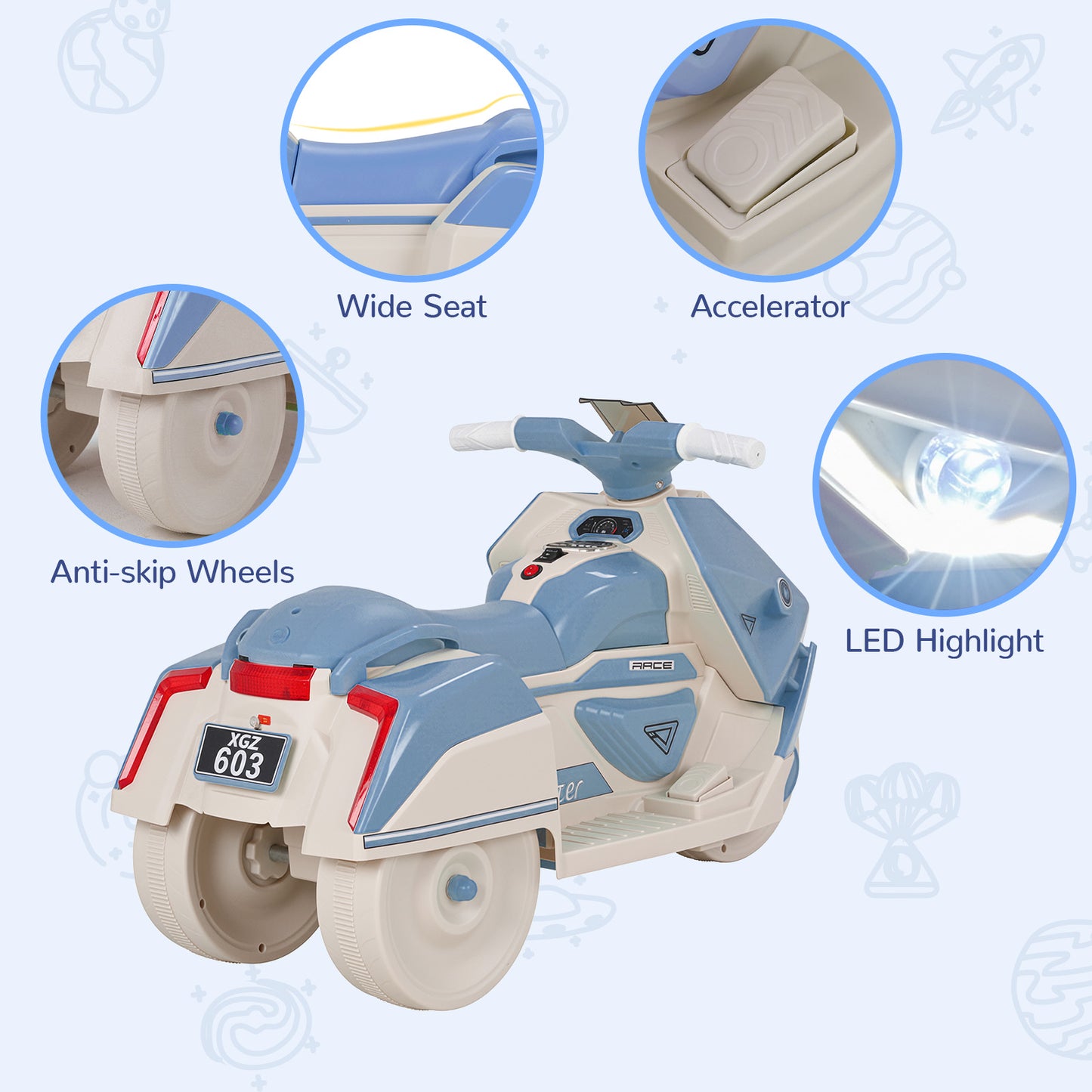 Pirecart Kids Electric Motorcycle, 6V Toddler Motorcycle with Realistic Sounds, LED Light, Children Ride on Toy with MP3/USB, Non-Slip Tires, Gift for Age 3+