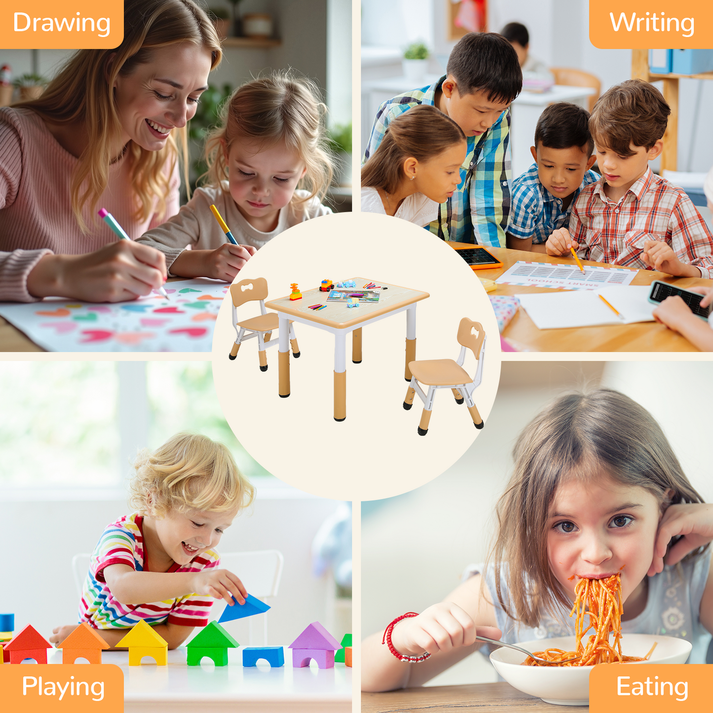Pirecart Kids Table and 2 Chairs Set, Height Adjustable Children Multi Activity Table and Chair Set, Non-Slip Legs & Graffiti Desktop, for Drawing, Reading, Studying
