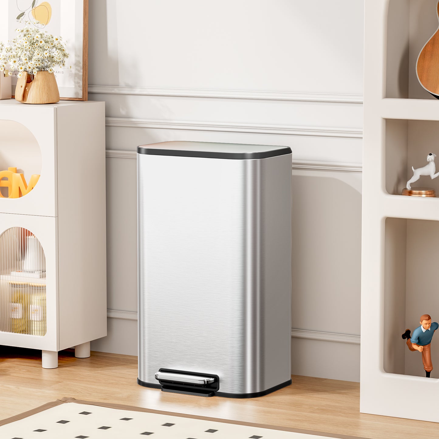 Pirecart 13.2 Gal Trash Can, Stainless Steel Garbage Can with Removable Inner Bucket & Handle, Square Garbage Bin with Soft Lid for Kitchen, Living Room