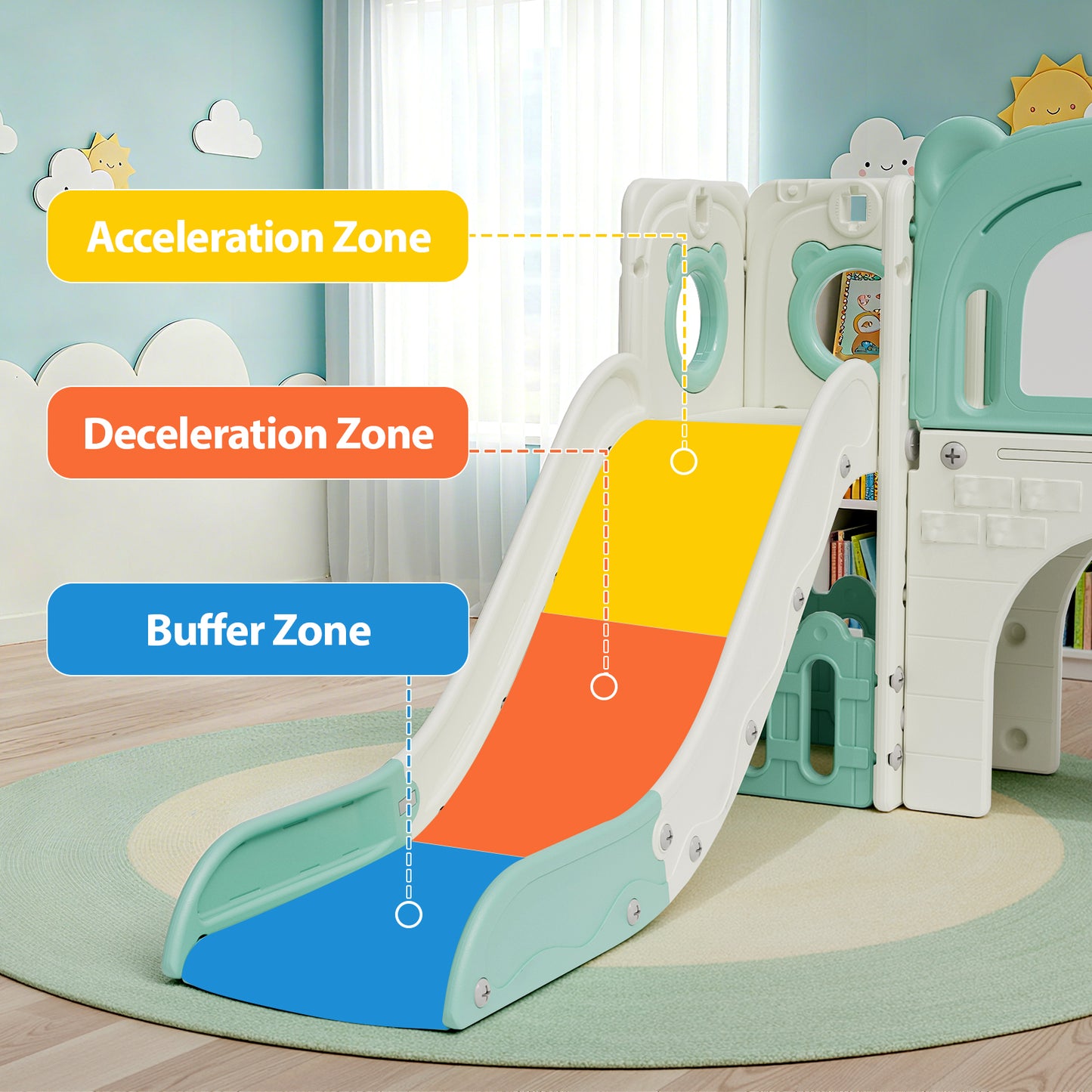 Pirecart 10-in-1 Kids Slide, Indoor Outdoor Toddler Slide Playground with Drawing Board, Basketball Hoop, Tunnel & Storage for Playroom, Kindergarten, Backyard, Gift for Children Age 3+