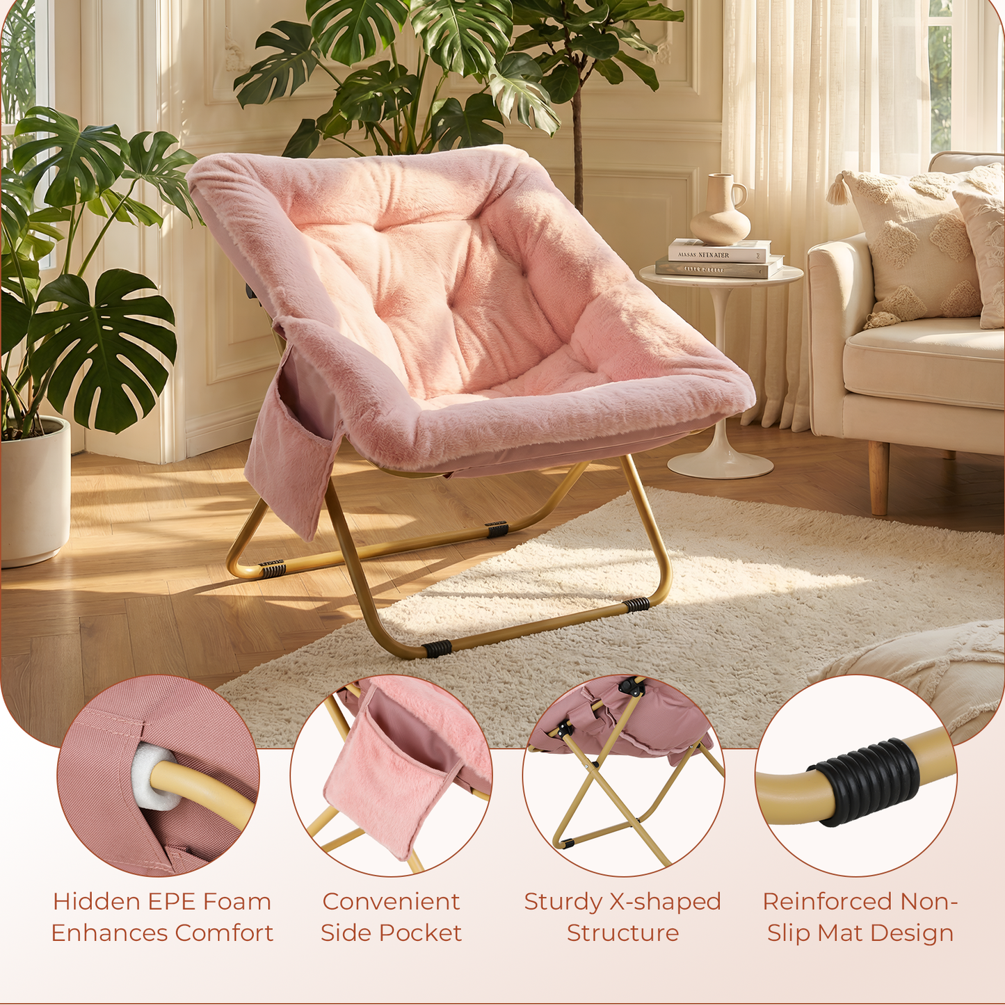 Pirecart Comfy Moon Chair, Foldable Soft Faux Fur Lounge Chair for Living Room, Bedroom, Dorms, X-Large Reading Chair