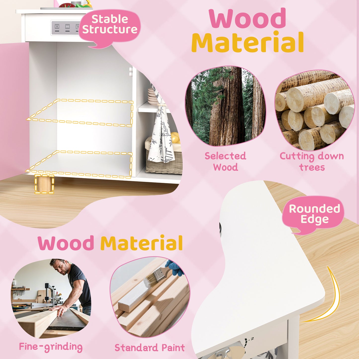 Pirecart Kids Play Kitchen, Toddler Wooden Kitchen Playset with Cooking Accessories and Clicking Knobs, Educational Chef Pretend Play Set for Ages 3+