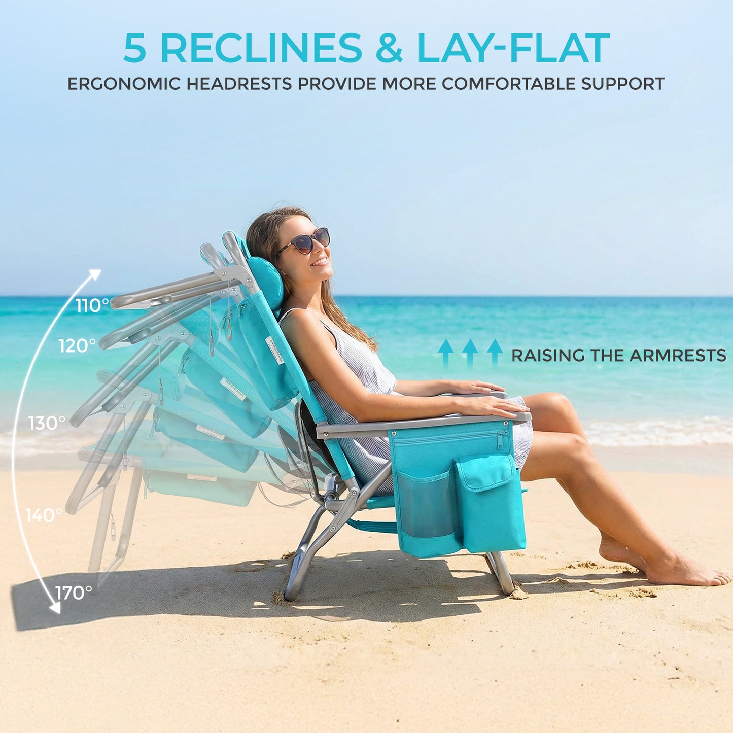Foldable Beach Chair, 5-Position Lay Flat Reclining Beach Chair W/ Headrest, Storage Bag, Cooler Pouch,Towel Bar, Foot Mat
