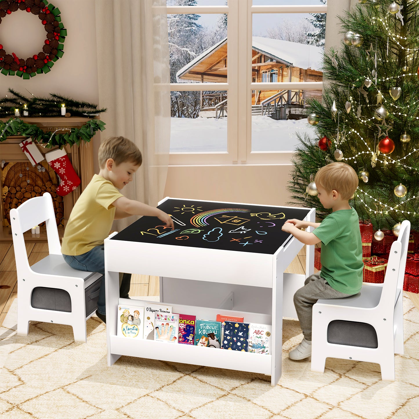 Pirecart Kids Table and Chair Set, 4 in 1 Wooden Art Table with Reversible Tabletop, Blackboard, Storage Drawer, Kids Activity Table Set for Drawing, Playing, Learning