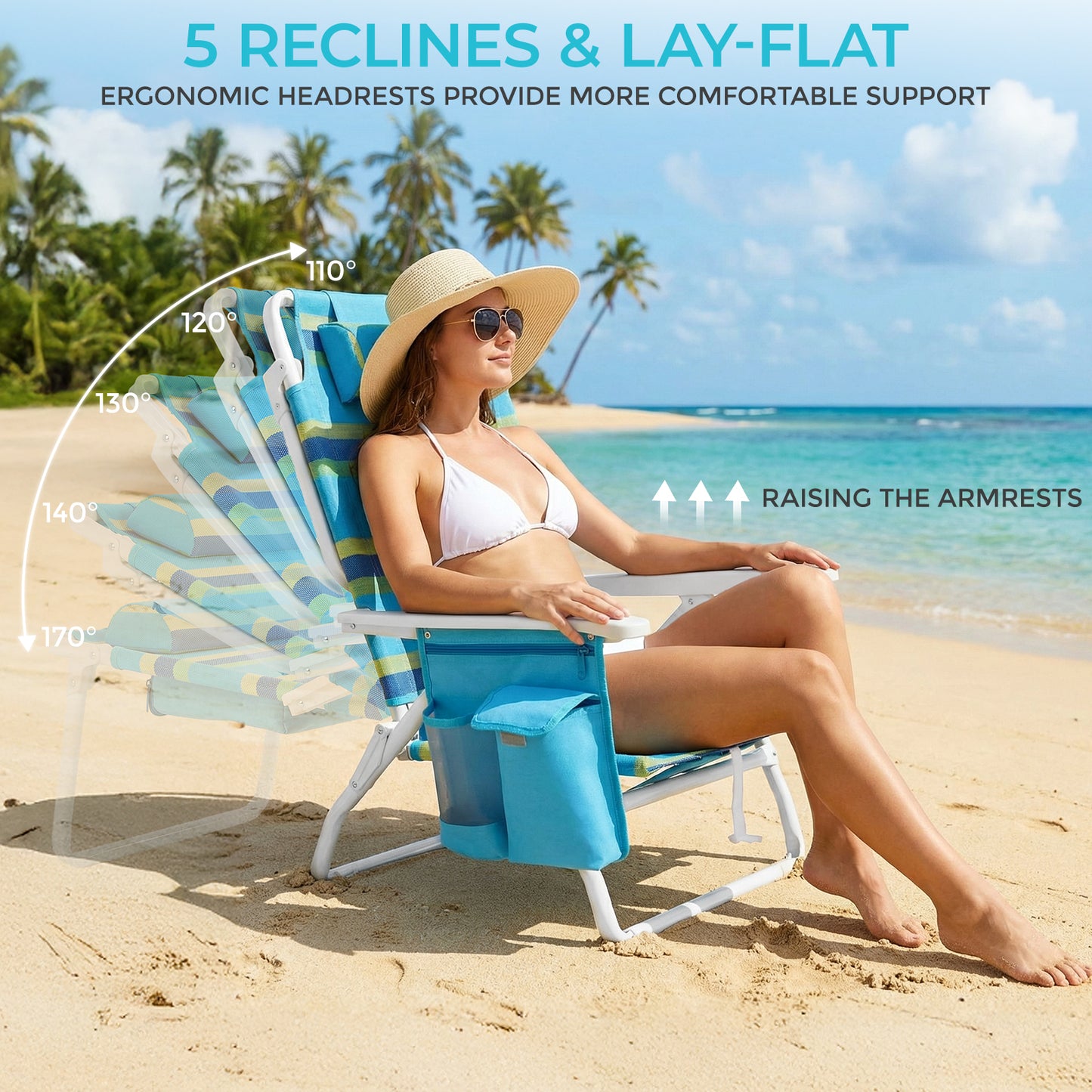 Foldable Beach Chair, 5-Position Lay Flat Reclining Beach Chair W/ Headrest, Storage Bag, Cooler Pouch,Towel Bar, Foot Mat