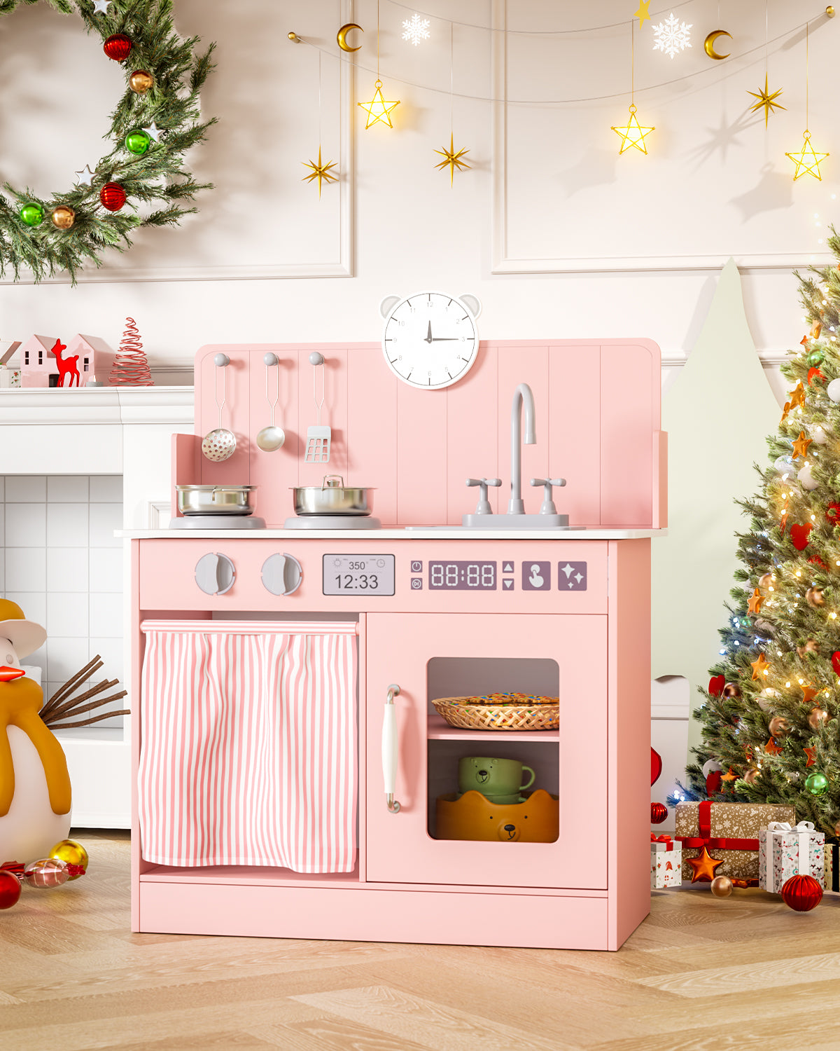 Pirecart Kids Play Kitchen with Ample Storage and Cooking Accessories, Toddler Kitchen Playset with Simulated Gas Tray, Clicking Knobs, Sink, Faucet