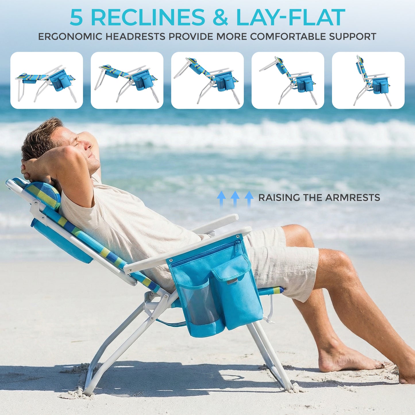 Pirecart Tall Beach Chairs for Adults, Portable Beach Chairs W/ 5-Position Lay Flat & Cooler Pouch, for Beach, Camp, Outdoor