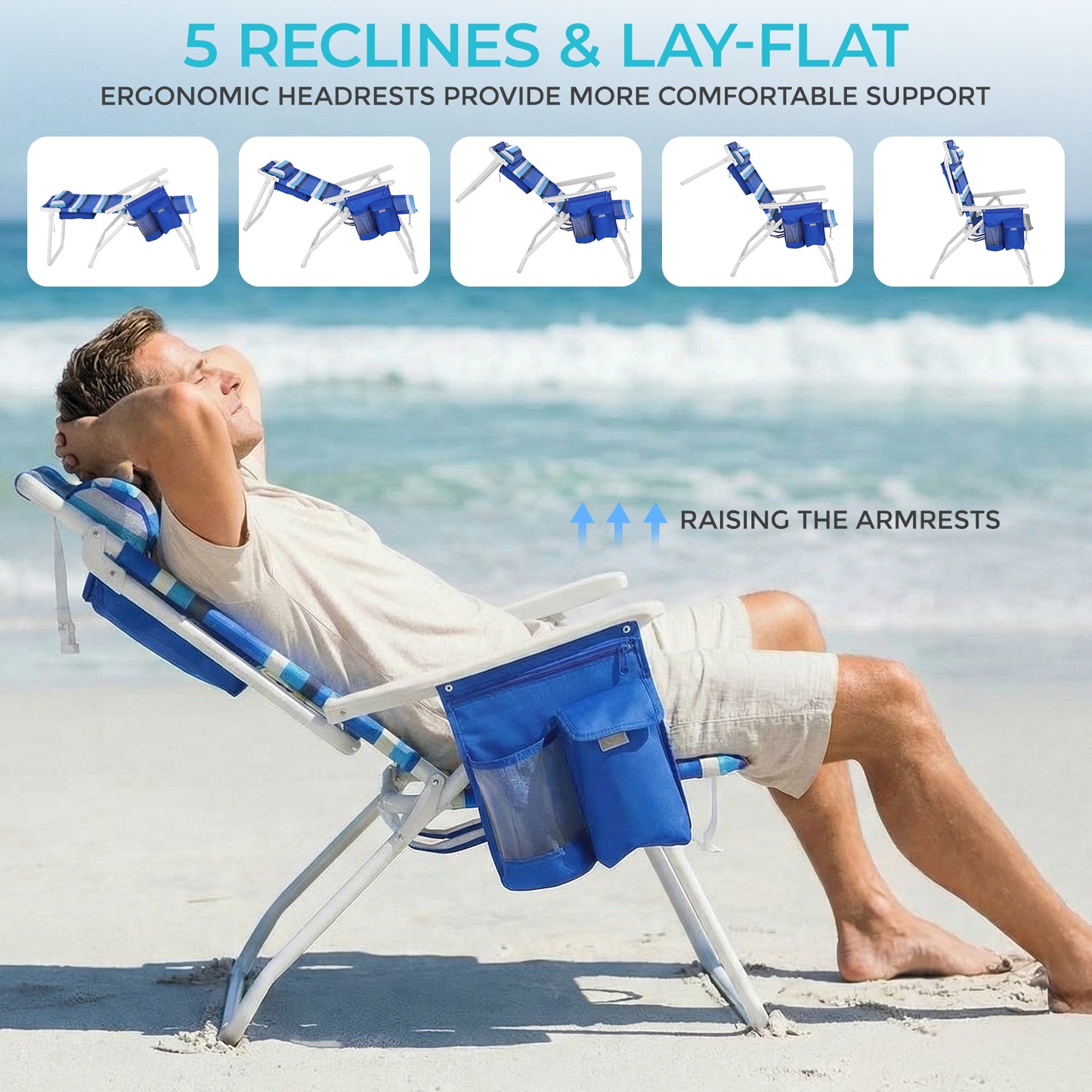 Pirecart Tall Beach Chairs for Adults, Portable Beach Chairs W/ 5-Position Lay Flat & Cooler Pouch, for Beach, Camp, Outdoor