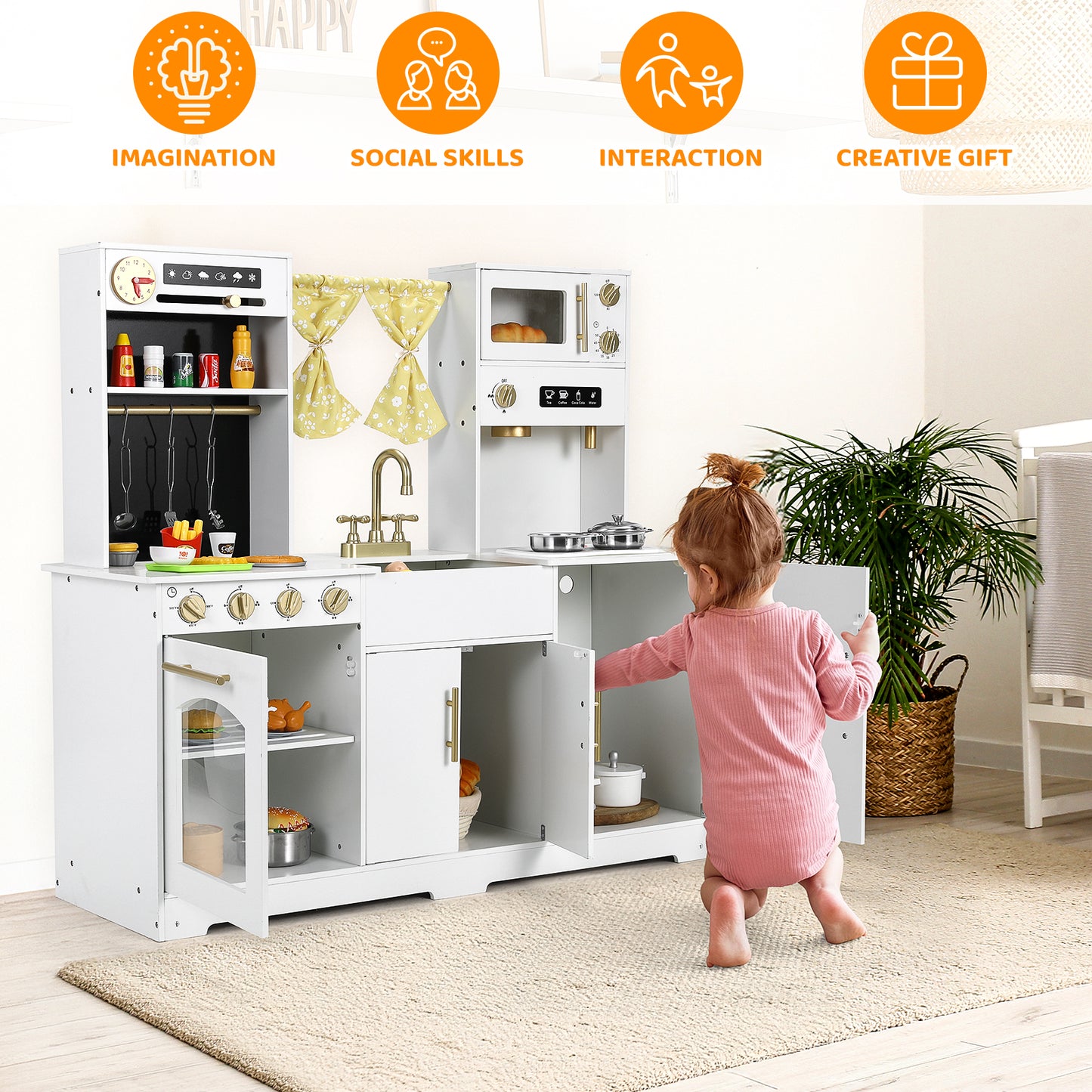 pirecart Kids Play Kitchen, Wooden Pretend Toy Kitchen, Toodler Cooking Playset w/Stove, Sink, Microwave, Water Dispenser, Curtain