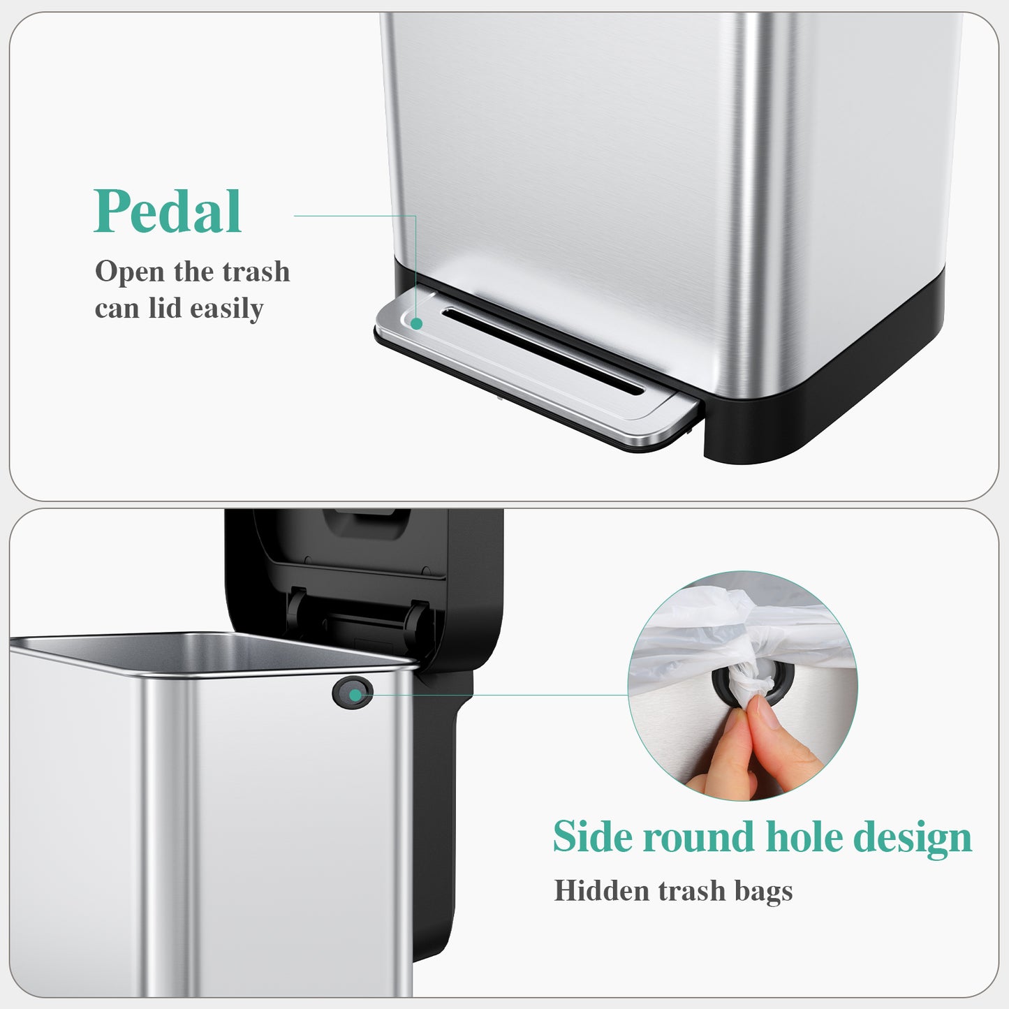 Pirecart 13.2 Gal Stainless Steel Trash Can, Soft-Close Lid Grabage Can with 15 Inner Bags, Rear Trash Bag Storage Compartment, Large Capacity Step Trash Can With Built-In Deodorizer Box