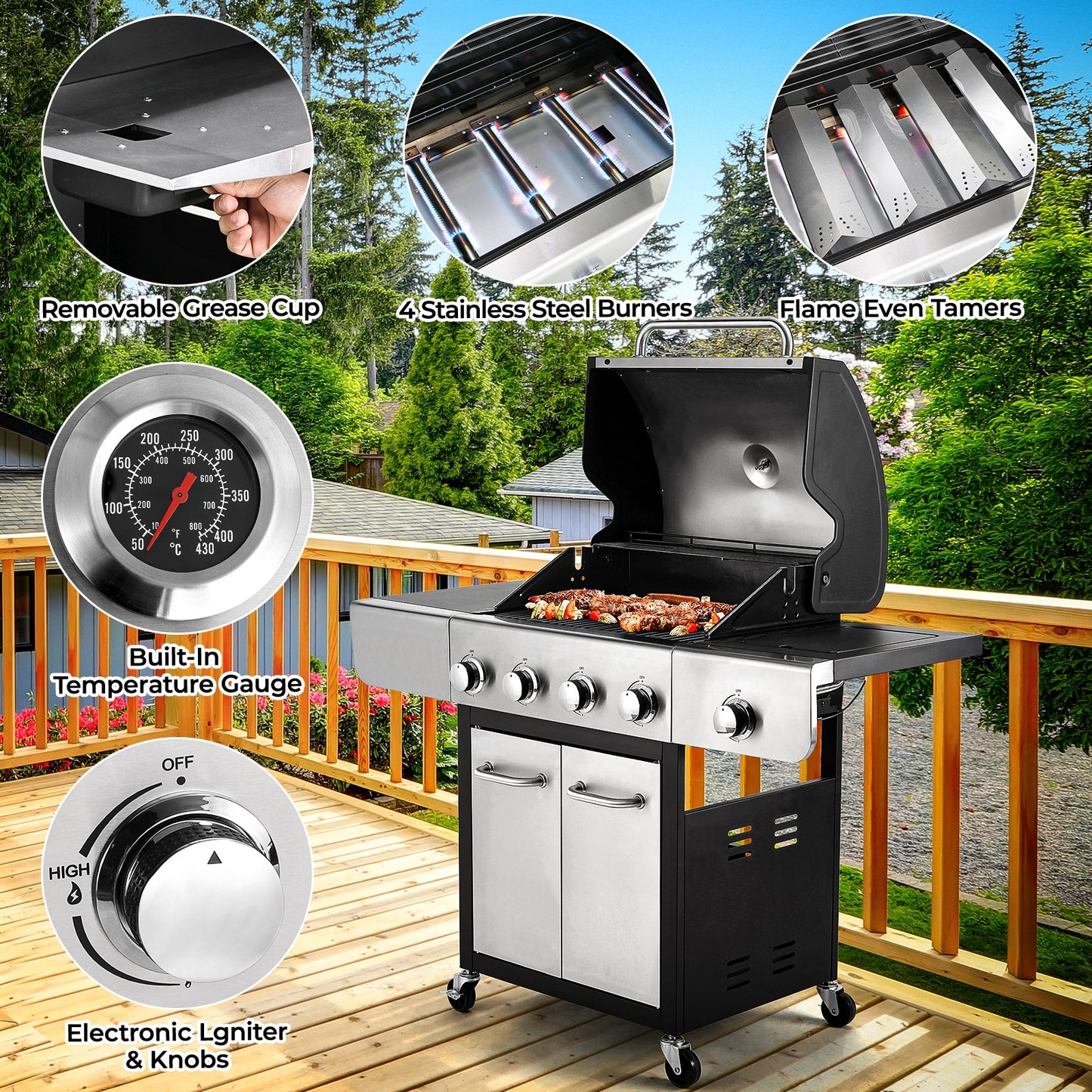 pirecart 4-Burner Outdoor Propane Gas Grill, 40,000 BTU Output Stainless Steel BBQ Grill with 12,000 BTU Side Burner