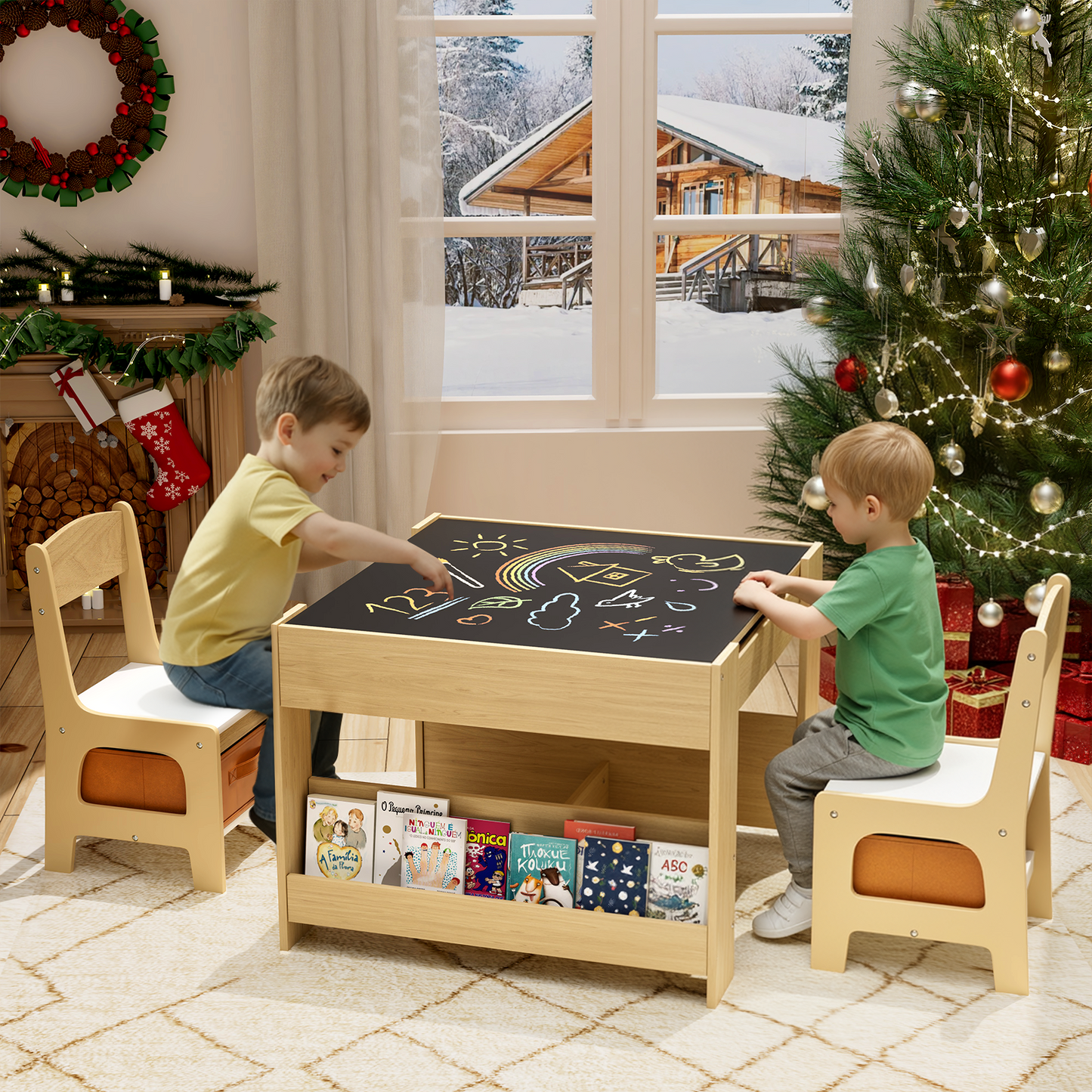 Pirecart Kids Table and Chair Set, 4 in 1 Wooden Art Table with Reversible Tabletop, Blackboard, Storage Drawer, Kids Activity Table Set for Drawing, Playing, Learning