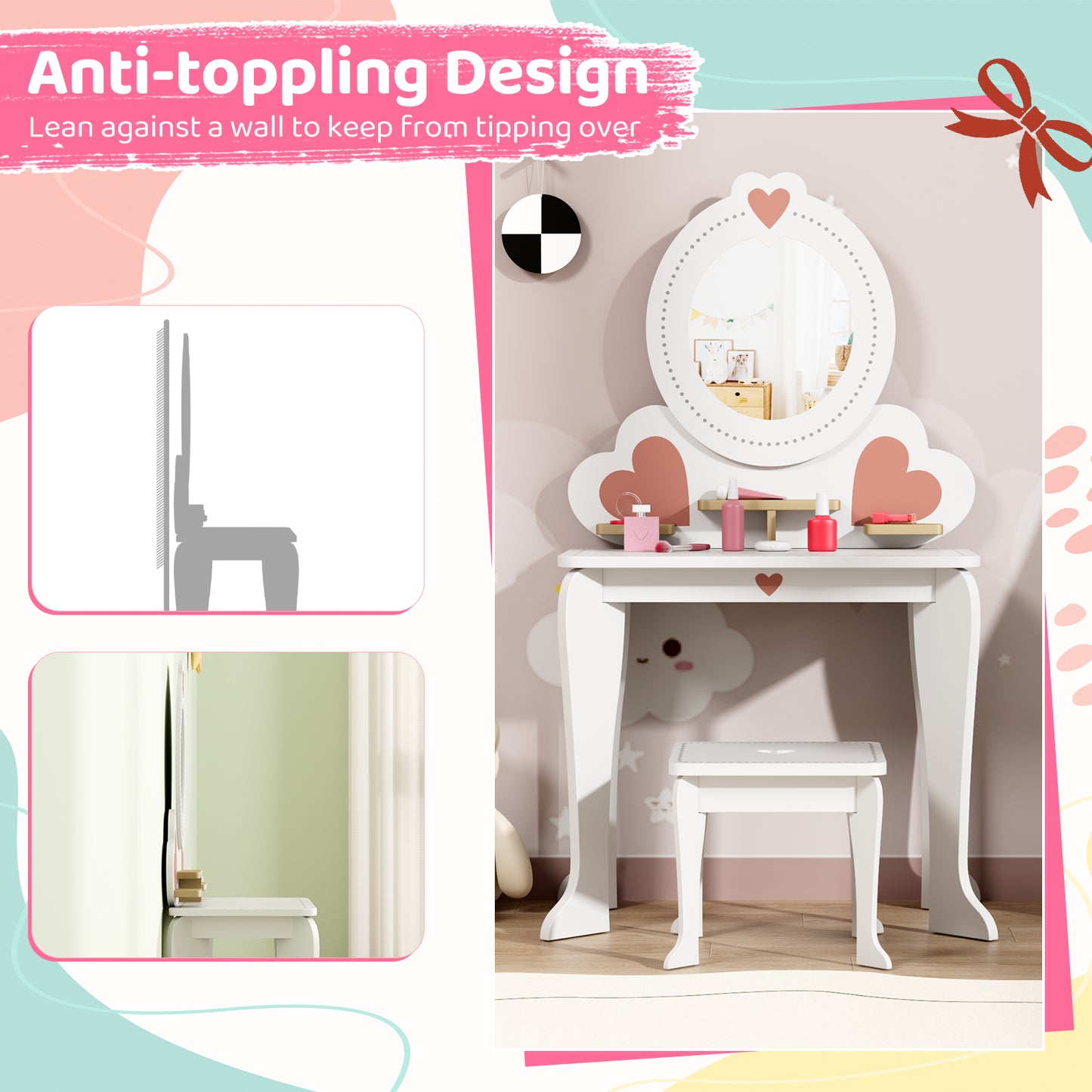 Pirecart Kids Vanity Makeup Table & Chair Set Make Up Stool Play Set for Children, Toddler Makeup Toy with 8 Pcs Accessories for Pretend Play