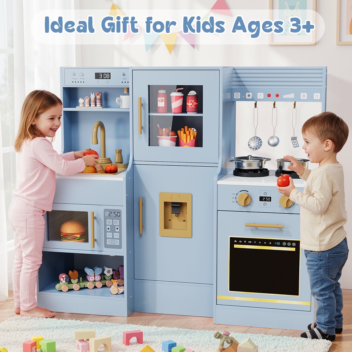 Pirecart Toddler Pretend Paly Kitchen, Wooden Kitchen Play Set with Real Sound and Light, 6-Piece Kitchenware, Sink & Stove, Water Dispenser & Hood, Kids Play Kitchen for Age 3+