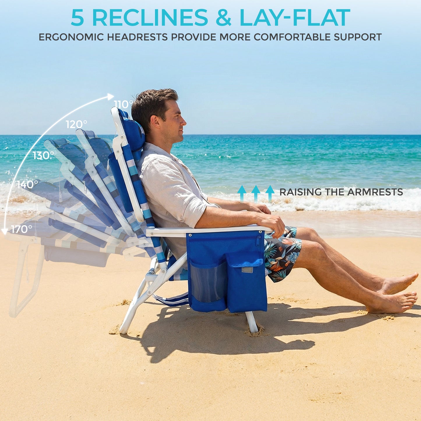 Foldable Beach Chair, 5-Position Lay Flat Reclining Beach Chair W/ Headrest, Storage Bag, Cooler Pouch,Towel Bar, Foot Mat