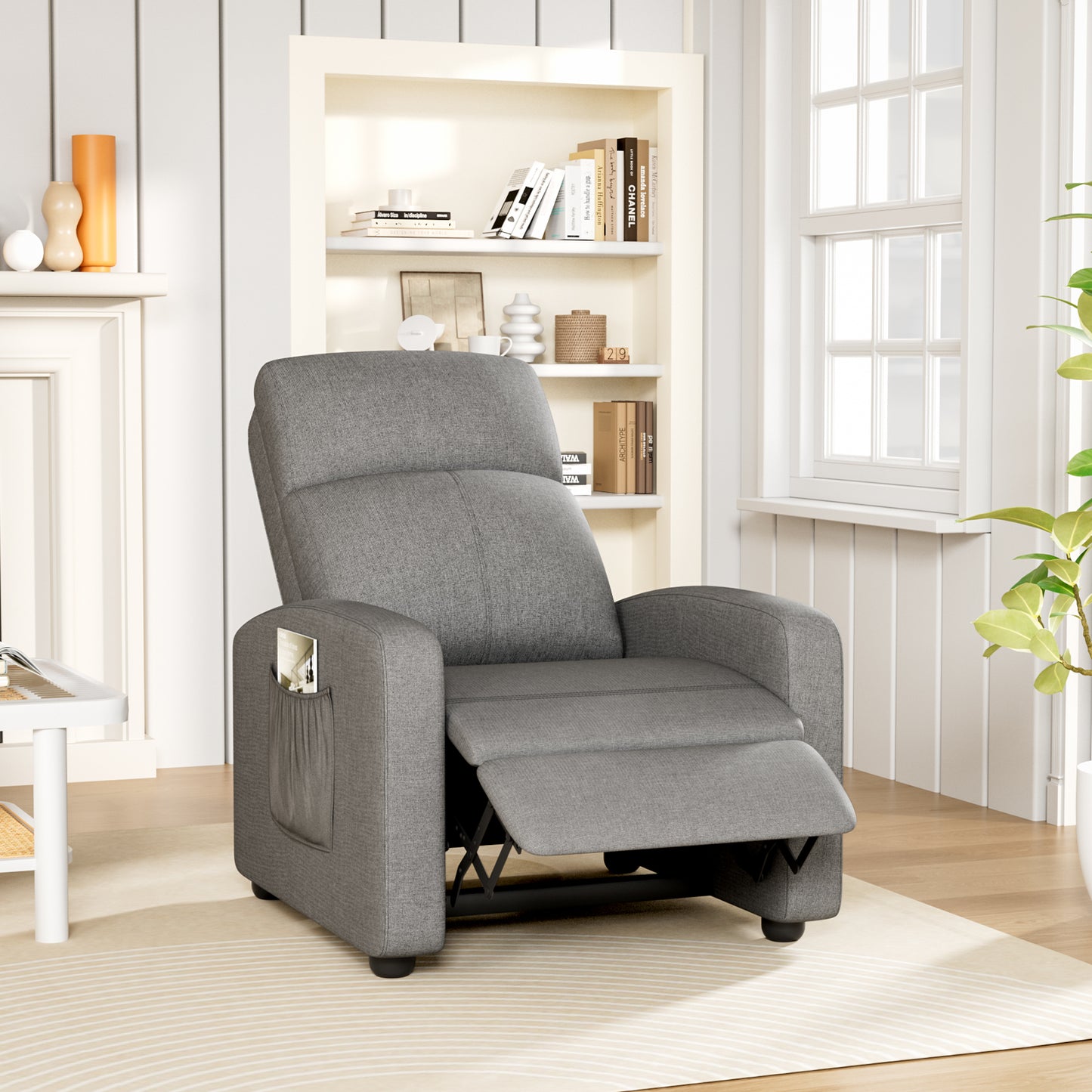 Pirecart Fabric Reclining Chair, Single Sofa Chair with Thicker Seat Cushion and a Side Pocket, Home Theater Seating with Adjustable Backrest and Footrest
