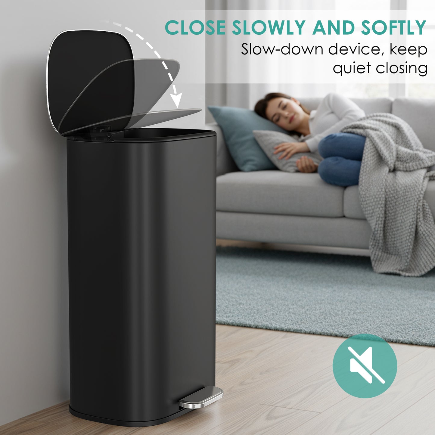 Pirecart Stainless Steel Trash Can, 8 Gal Oval Garbage Can W/ Slow-Closing Lid & Removable Inner Bucket, Foot-operated Soft Lid Trash Can for kitchen, Home, Office