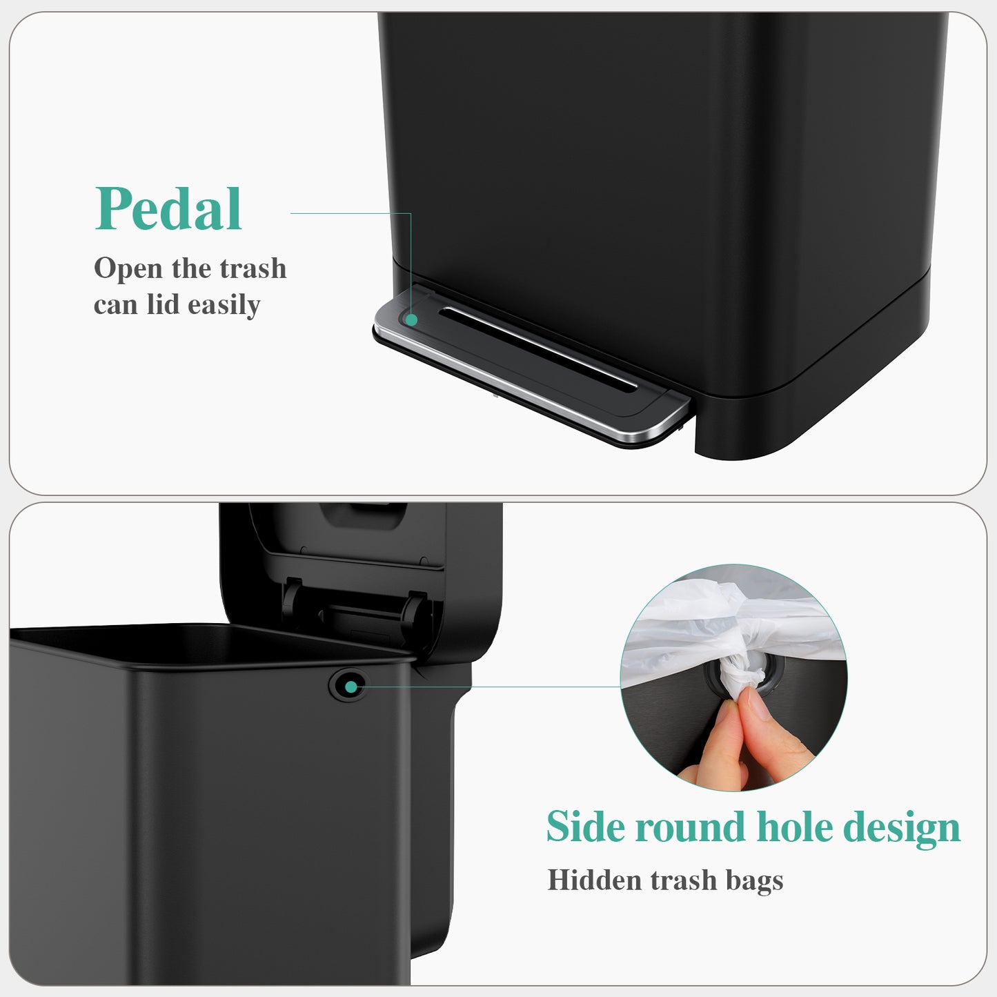 Pirecart 13.2 Gal Stainless Steel Trash Can, Soft-Close Lid Grabage Can with 15 Inner Bags, Rear Trash Bag Storage Compartment, Large Capacity Step Trash Can With Built-In Deodorizer Box