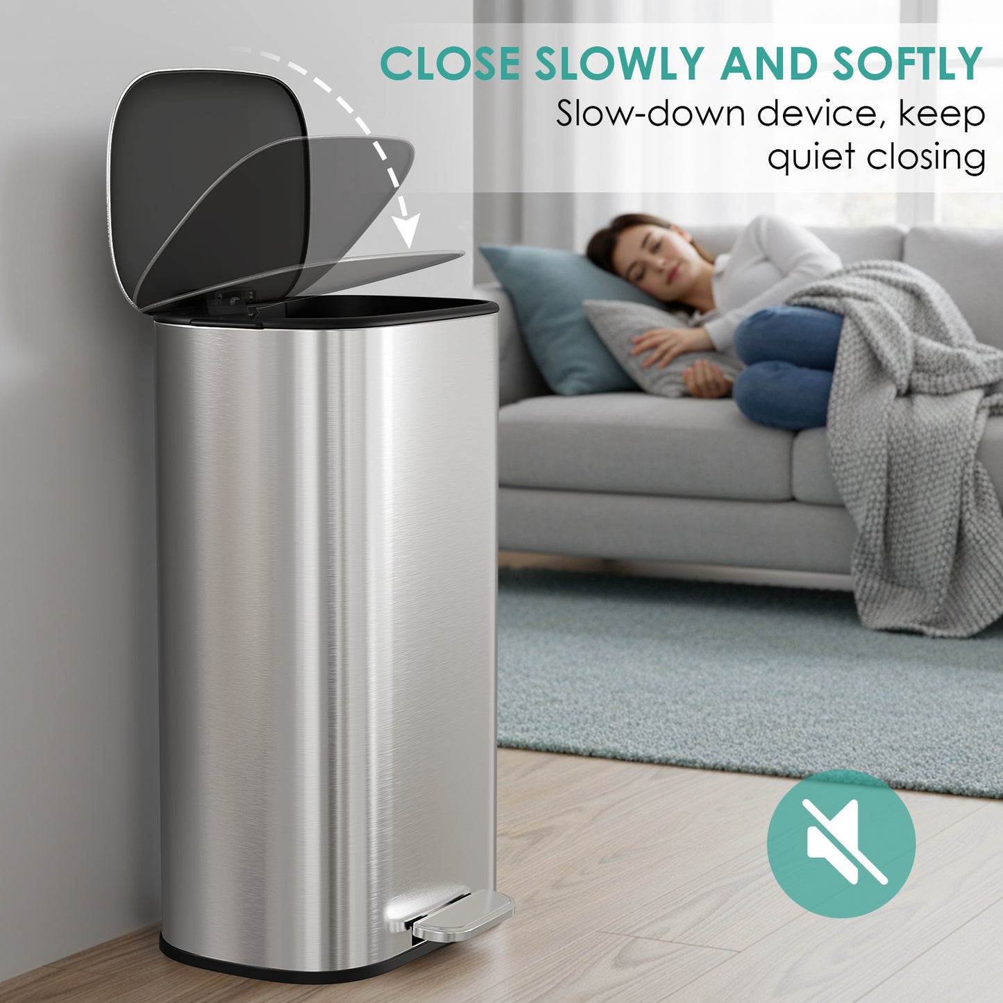 Pirecart Stainless Steel Trash Can, 8 Gal Oval Garbage Can W/ Slow-Closing Lid & Removable Inner Bucket, Foot-operated Soft Lid Trash Can for kitchen, Home, Office