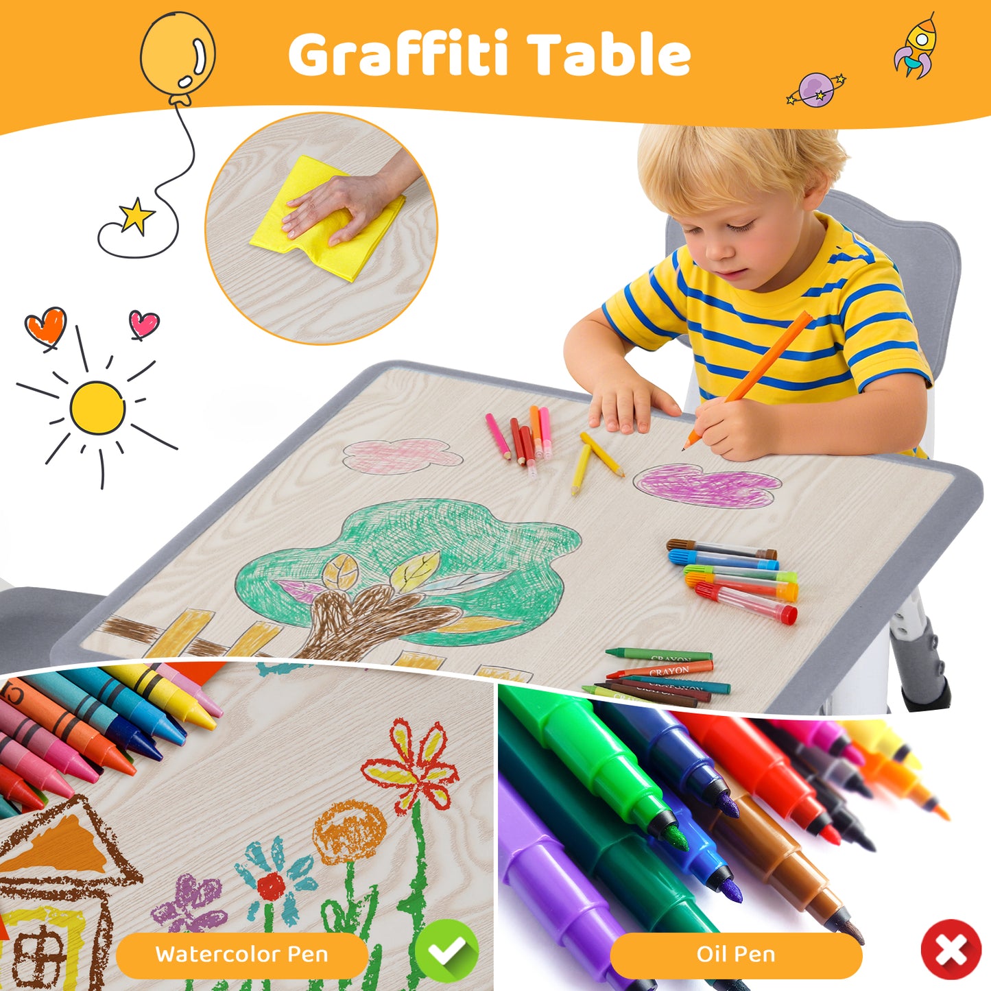 Pirecart Kids Table and 2 Chairs Set Activity Table Height Adjustable Toddler Art Desk for Reading Drawing Eating, Suitable for Ages 3-9