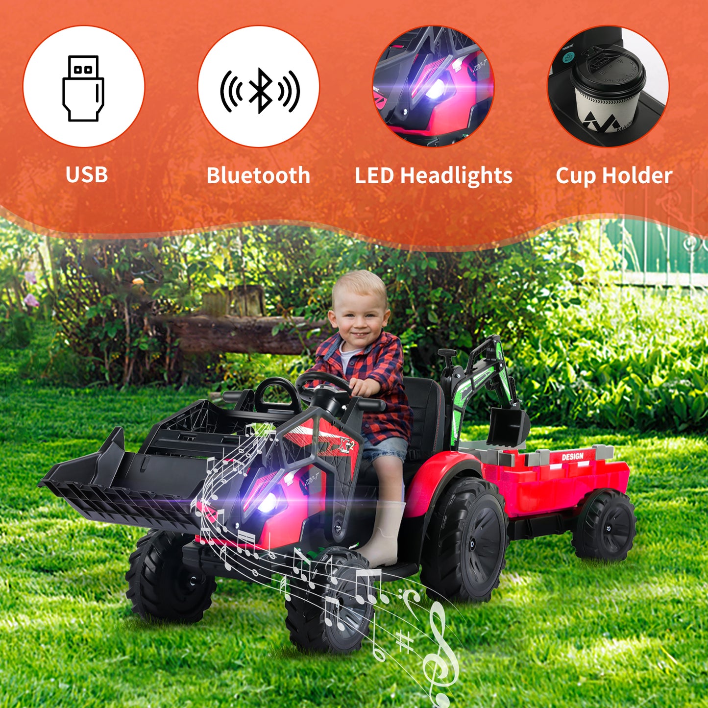 Pirecart 3 in 1 Ride on Tractor Excavator Bulldozer, 24V Kid Electric Vehicle w/Trailer, Shovel Bucket, Digger, Remote Control, LED Lights, EVA Tire, Music & Bluetooth, Toddler Ride on Car