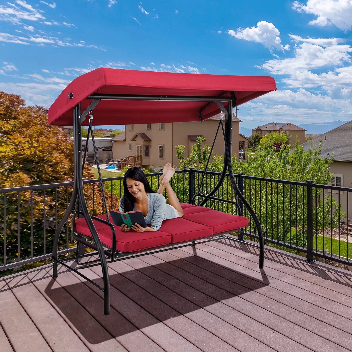 pirecart Outdoor 3-Seat Patio Swing, Porch Swings, Backrest Bench Swing Sets, Glider Swing Bed Chair, w/Adjustable Canopy