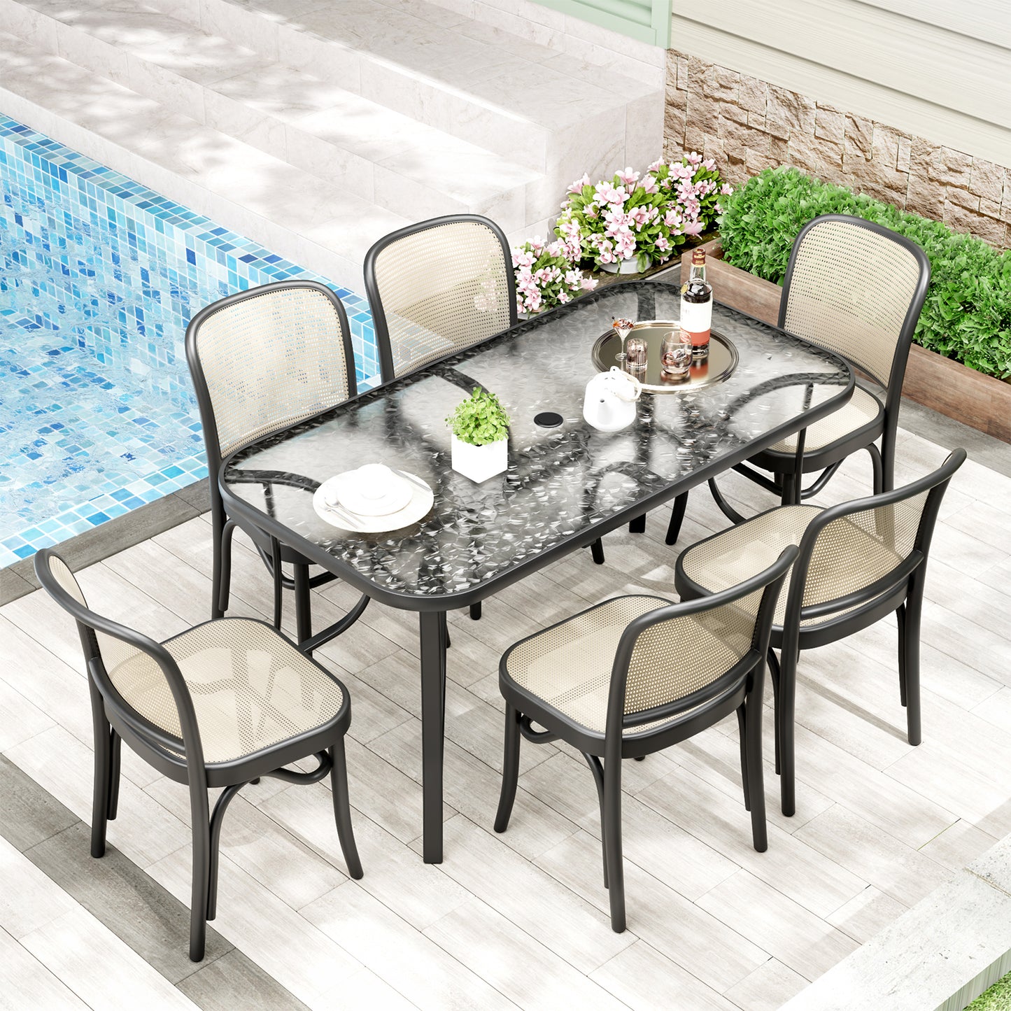 Piecart Outdoor Dining Table with Umbrella Hole, Rectangular Glass Patio Table, Patio Table for Outside, Garden, Balcony