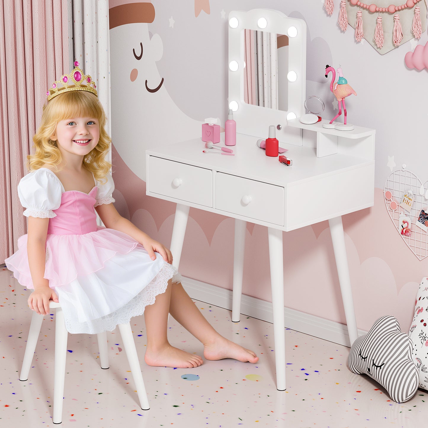 Pirecart Kids Vanity Table and Chair Set, Kids Wood Makeup Dressing Table with 7 Lights, Mirror, 2 Drawers