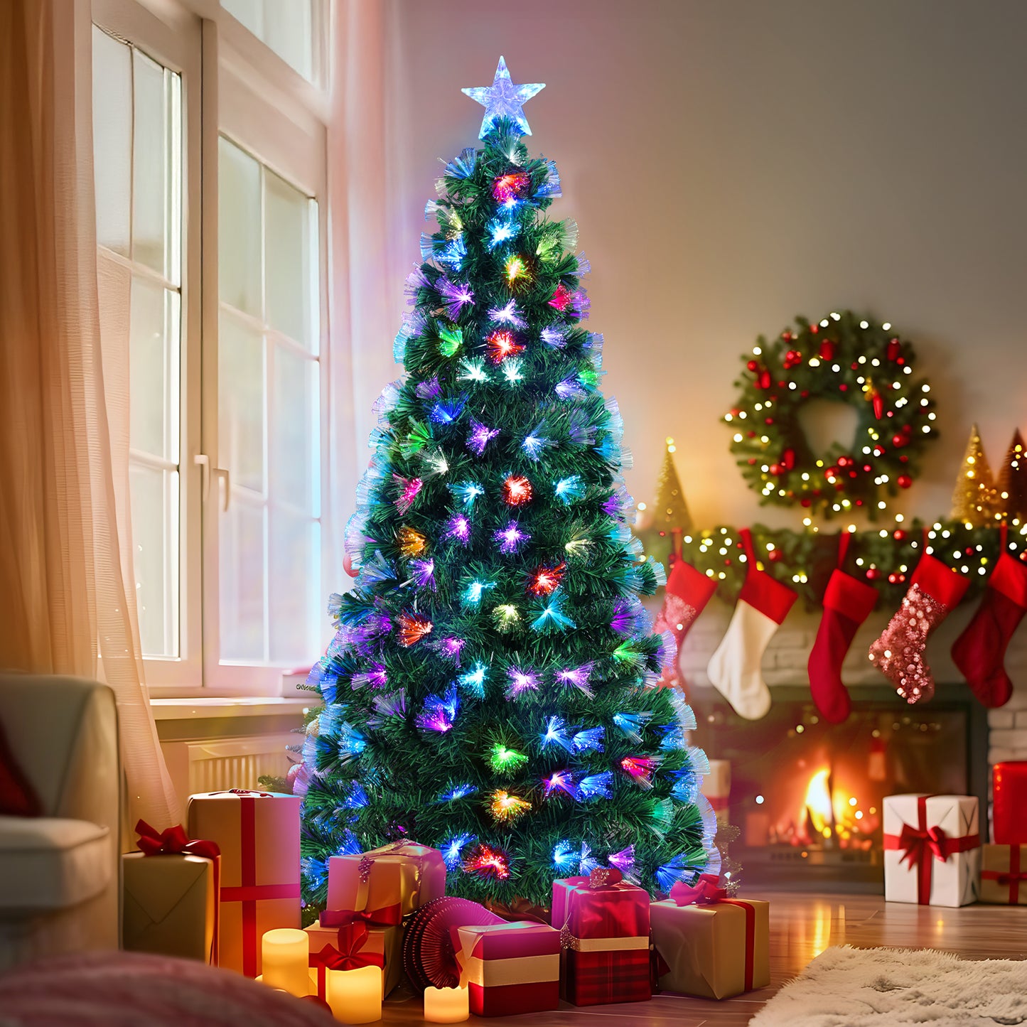 Pirecart 6/8/9/10 ft Pre-Lit Fiber Optic Artificial Pine Christmas Tree Artificial Xmas Tree for Indoor Holiday Home Decoration