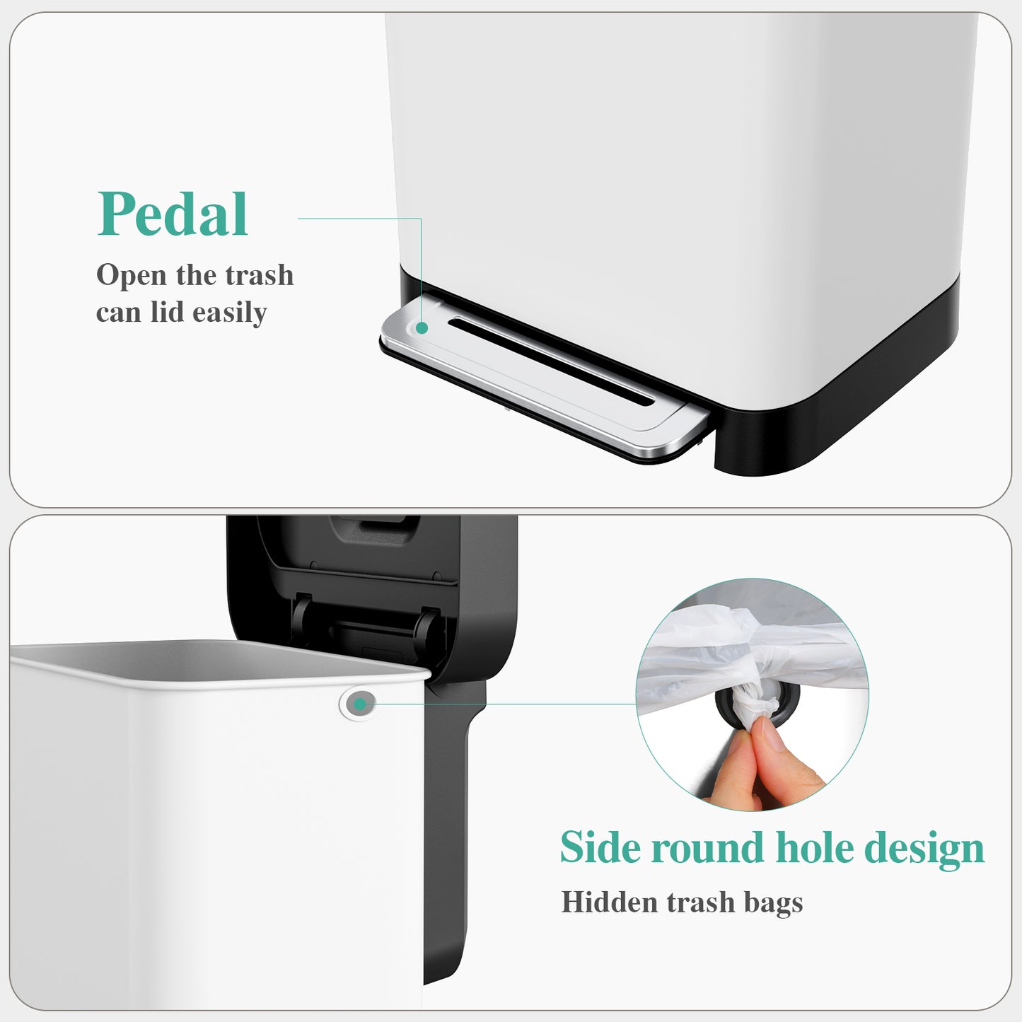 Pirecart 13.2 Gal Stainless Steel Trash Can, Soft-Close Lid Grabage Can with 15 Inner Bags, Rear Trash Bag Storage Compartment, Large Capacity Step Trash Can With Built-In Deodorizer Box