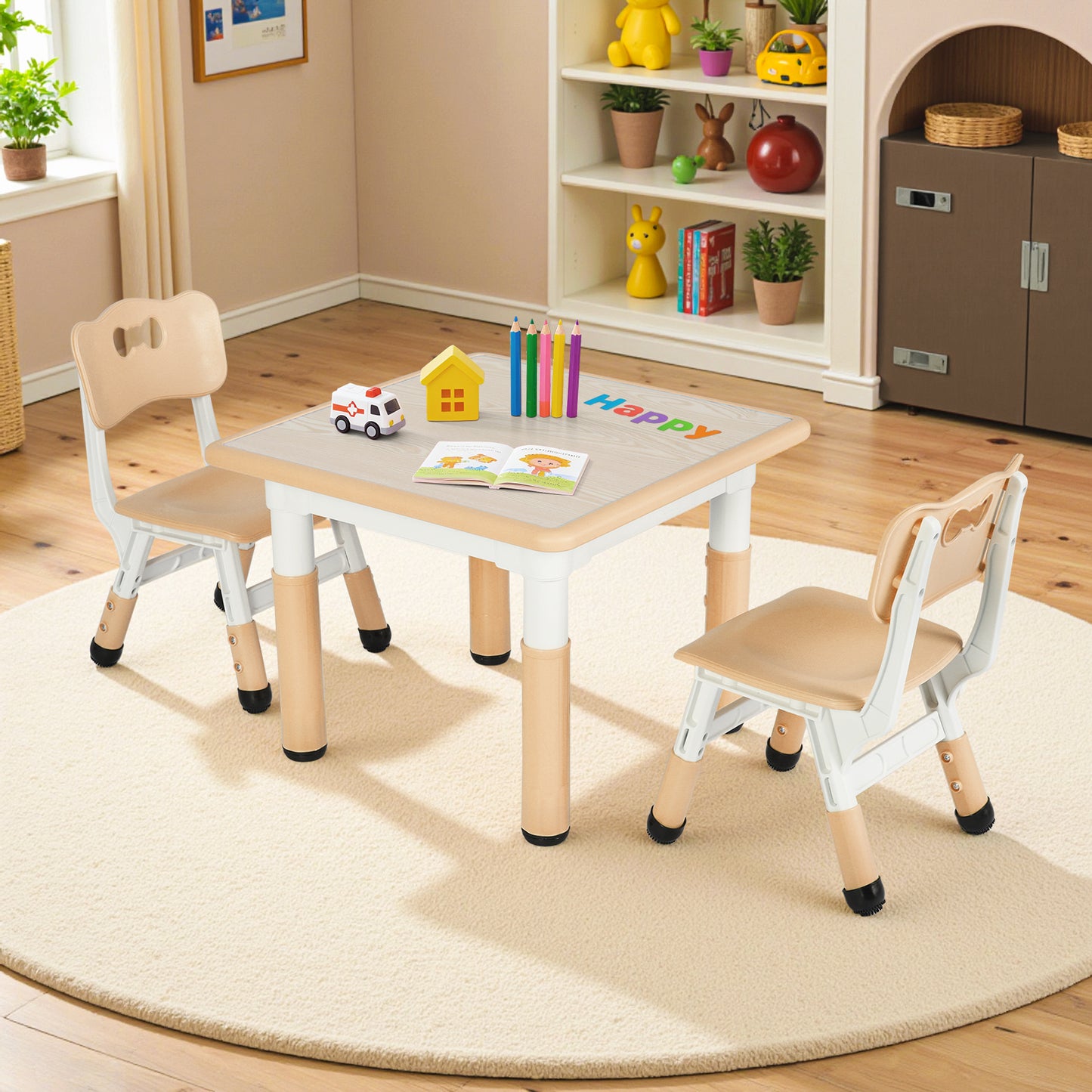 Pirecart Kids Table and 2 Chairs Set Activity Table Height Adjustable Toddler Art Desk for Reading Drawing Eating, Suitable for Ages 3-9