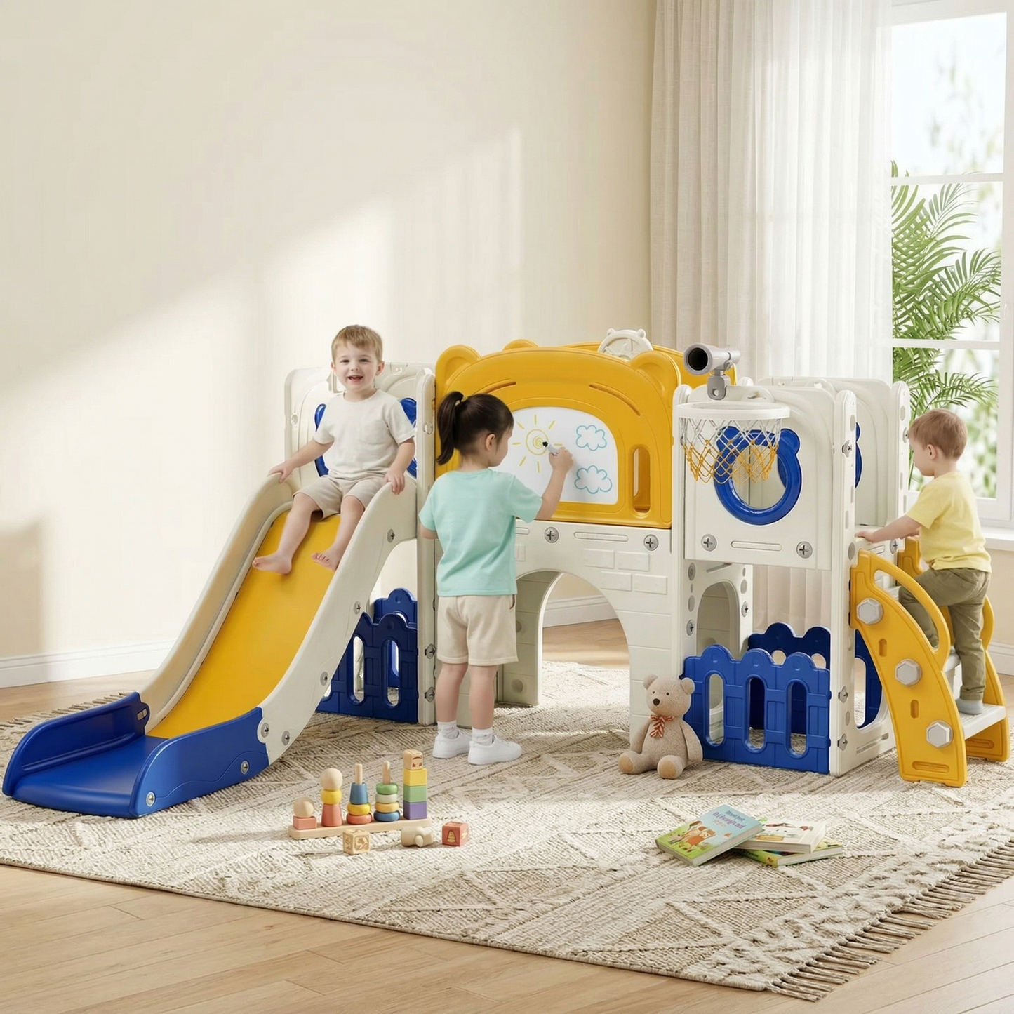 Pirecart 10-in-1 Kids Slide, Indoor Outdoor Toddler Slide Playground with Drawing Board, Basketball Hoop, Tunnel & Storage for Playroom, Kindergarten, Backyard, Gift for Children Age 3+