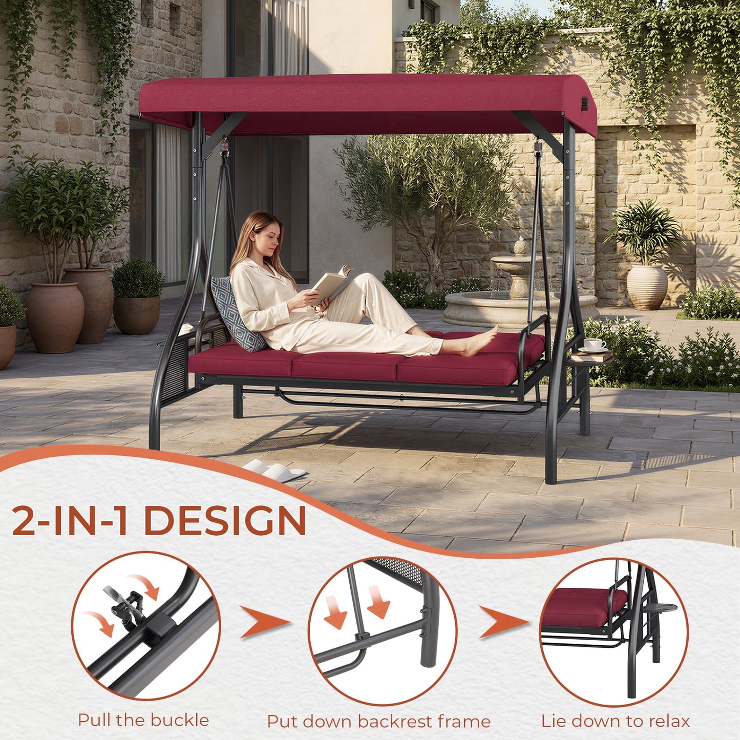 Pirecart Patio Porch Swing, 3 Seat Porch Swing with Stand and Adjustable Canopy, Outdoor Swing with Cup Holder & 180° Reclining Chair Back for Yard Garden Deck