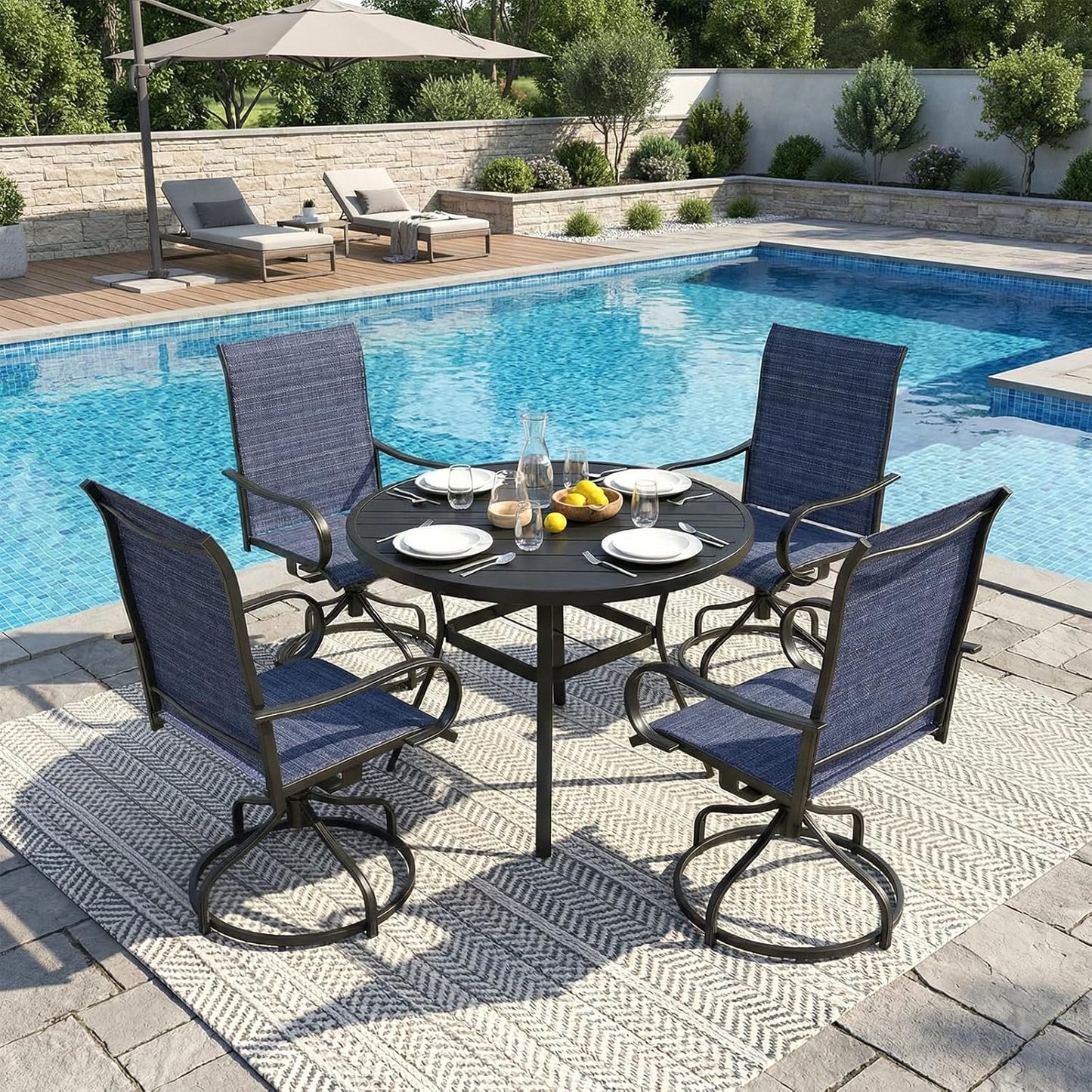 Pirecart 5Pcs Patio Dining Set, 4 Patio 360° Swivel Chairs & 42" Round Metal Table W/1.57"-1.8" Adjustable Umbrella Hole, Outdoor Table and Chairs Set