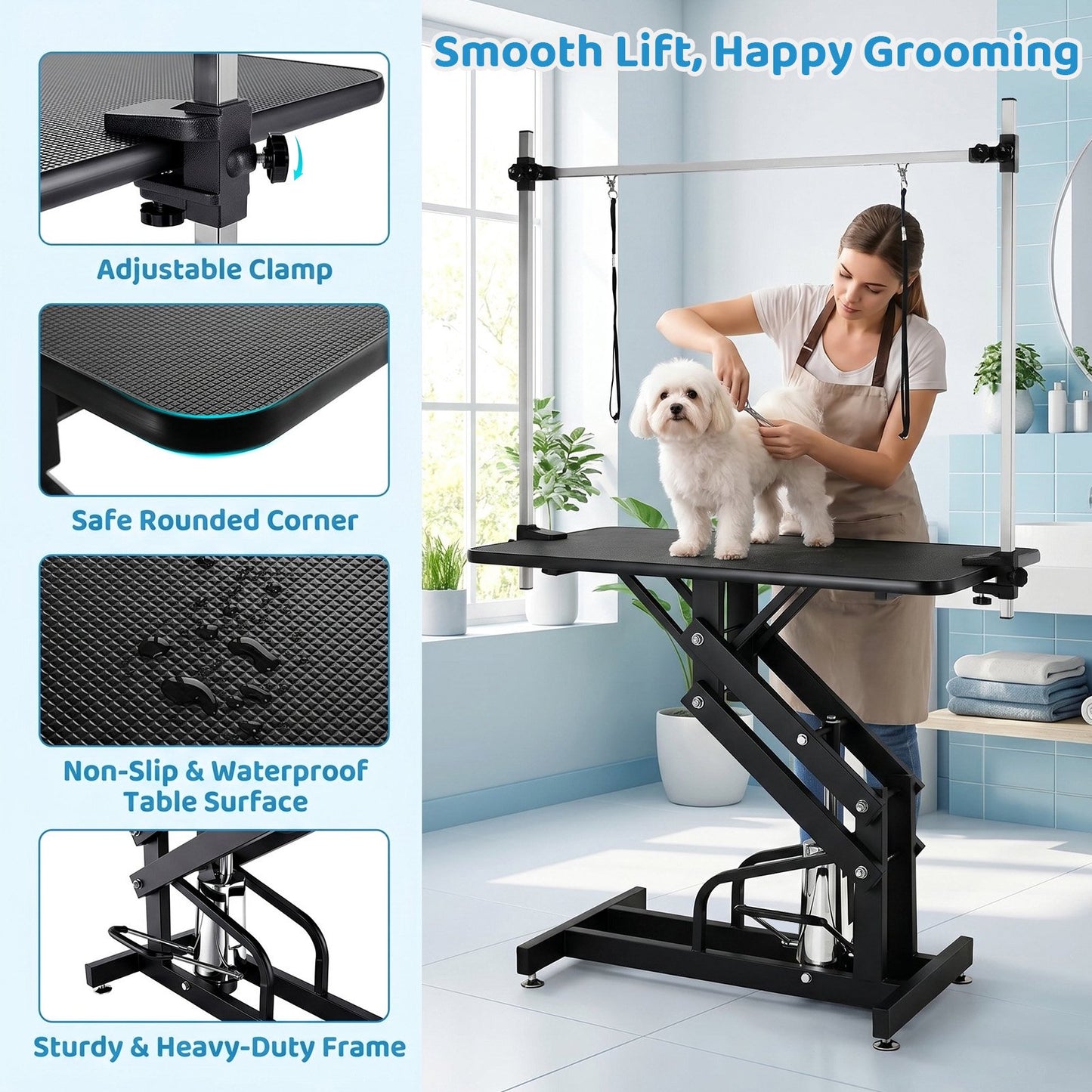 Pirecart Hydraulic Pet Grooming Table, Heavy Duty 21-35 in Height Adjust Grooming Station for Dogs & Cats, Foot Pedal Lift, Overhead Arm, 2 Leash Loops for Bathing, Trimming